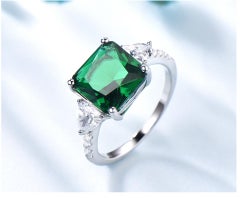 Square Cushion Emerald Green Cubic Zirconia with Two Trillion Cuts, Silver Ring