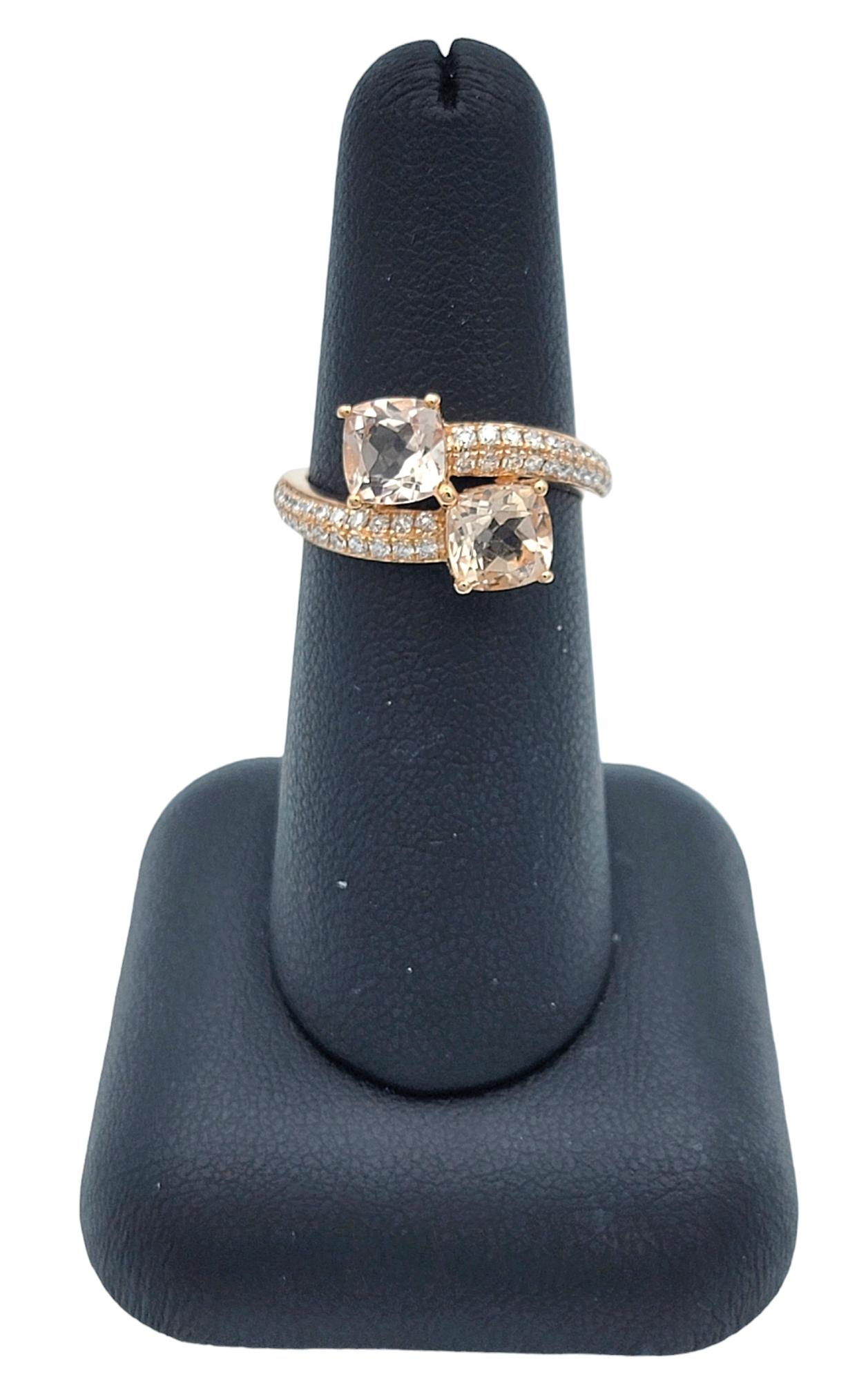 Square Cushion Morganite and Diamond Bypass Style Ring Set in 14 Karat Rose Gold For Sale 4