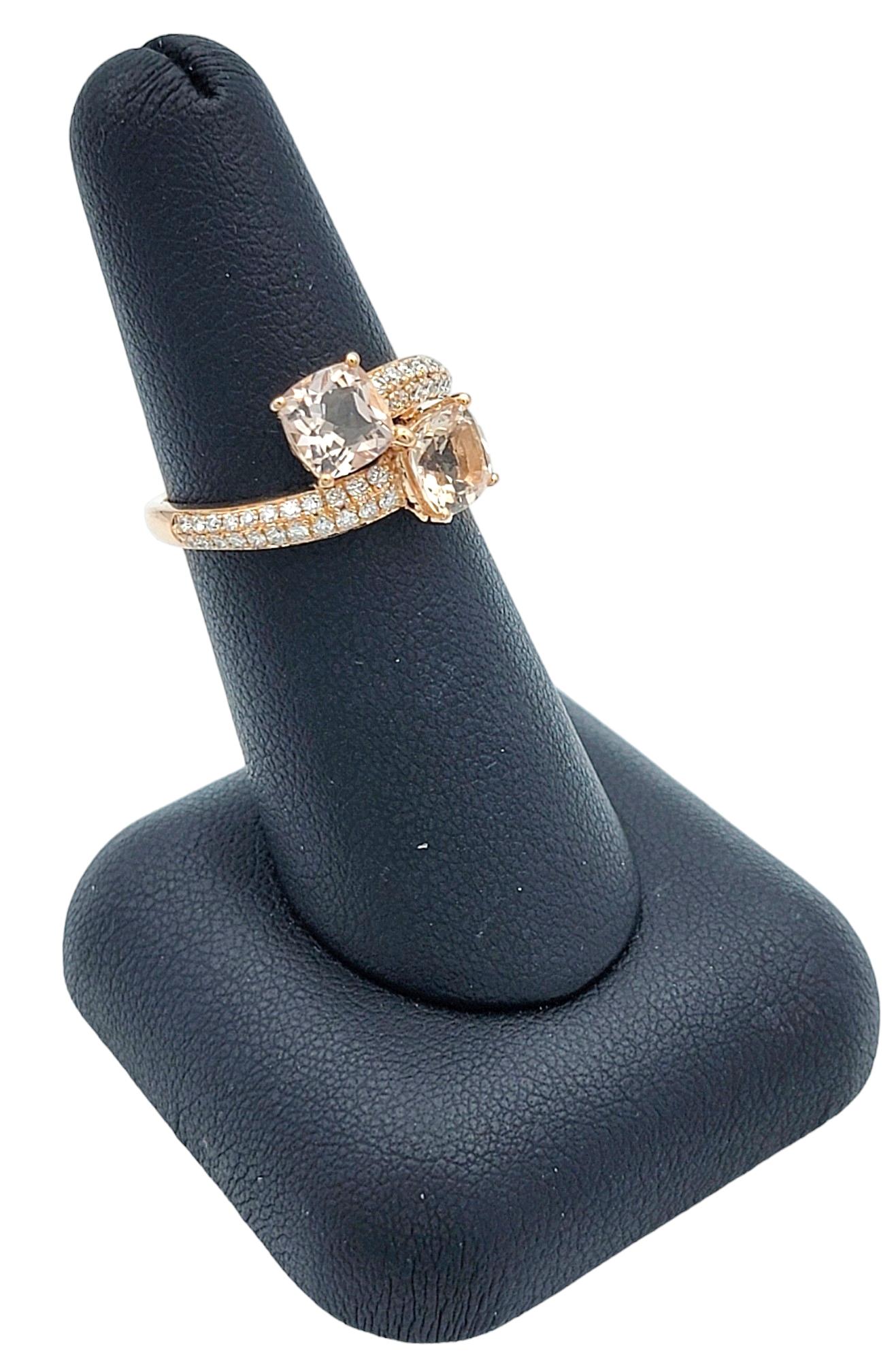 Square Cushion Morganite and Diamond Bypass Style Ring Set in 14 Karat Rose Gold For Sale 5