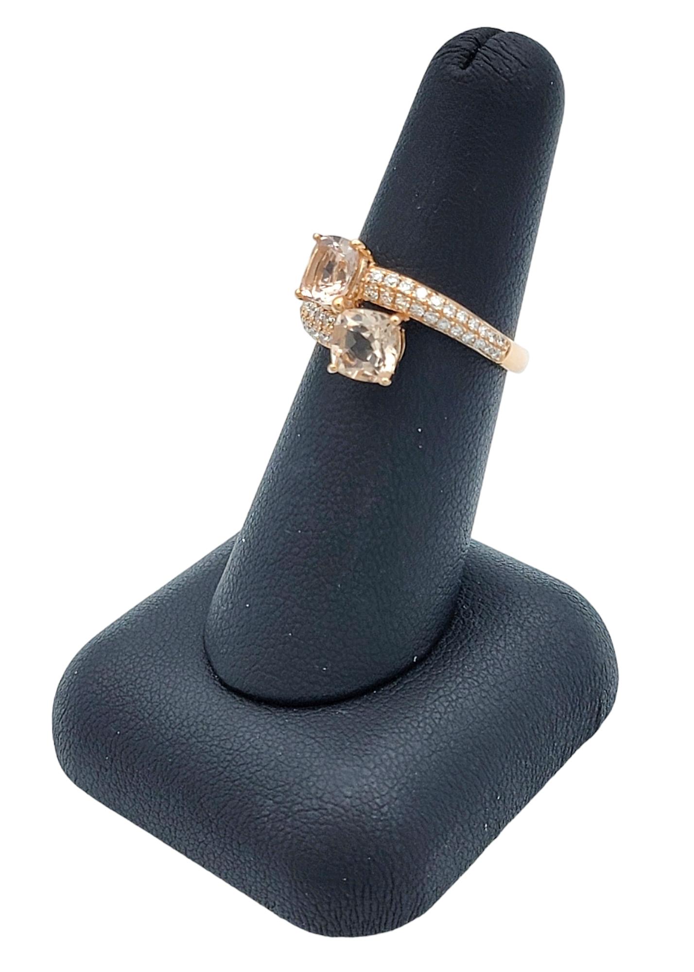 Square Cushion Morganite and Diamond Bypass Style Ring Set in 14 Karat Rose Gold For Sale 6