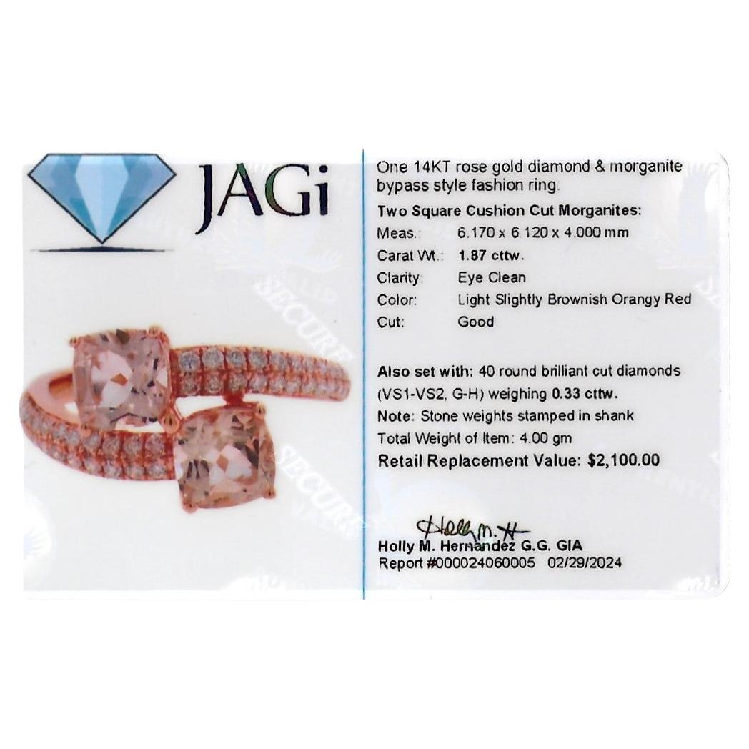 Square Cushion Morganite and Diamond Bypass Style Ring Set in 14 Karat Rose Gold For Sale 7