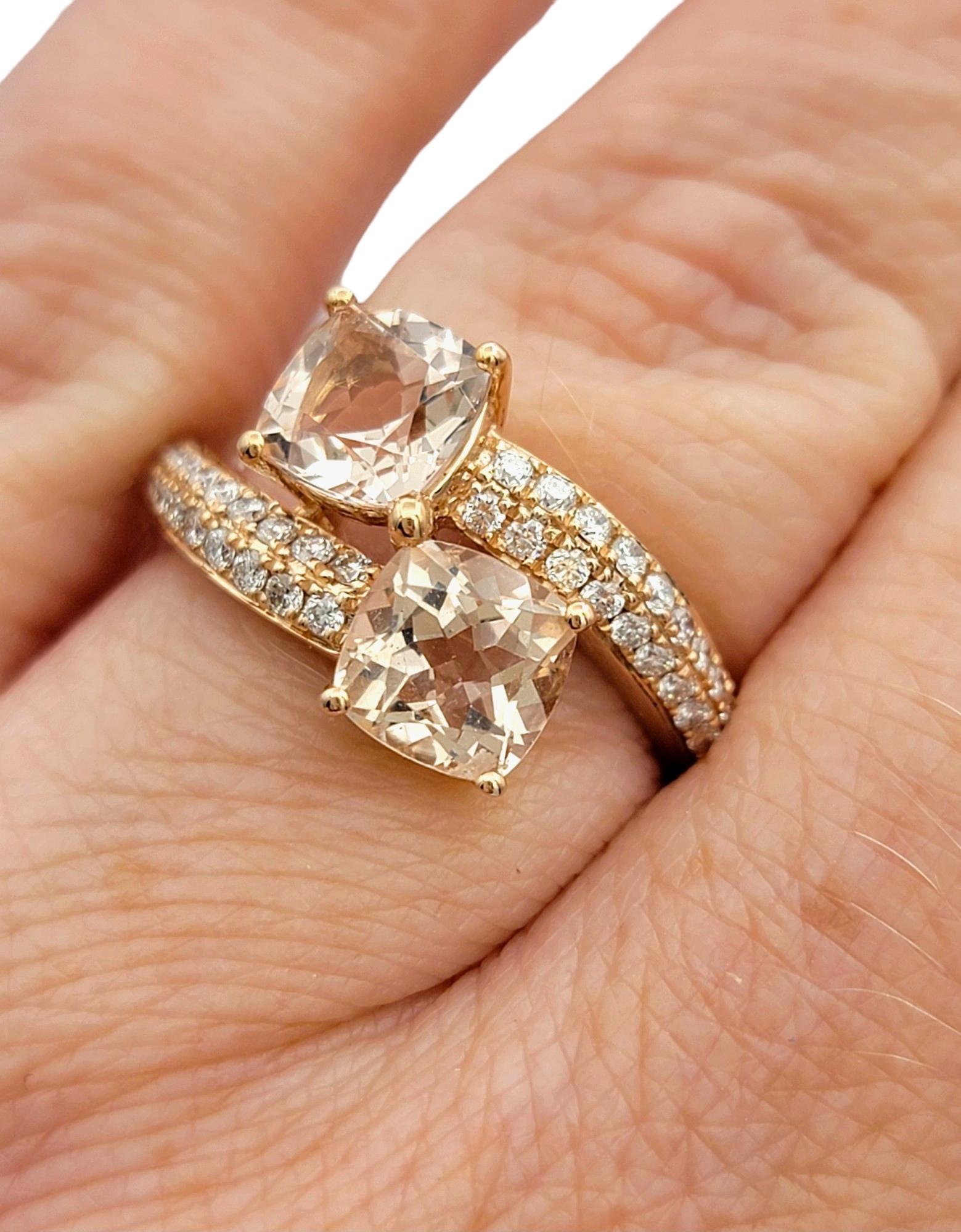 Square Cushion Morganite and Diamond Bypass Style Ring Set in 14 Karat Rose Gold For Sale 3