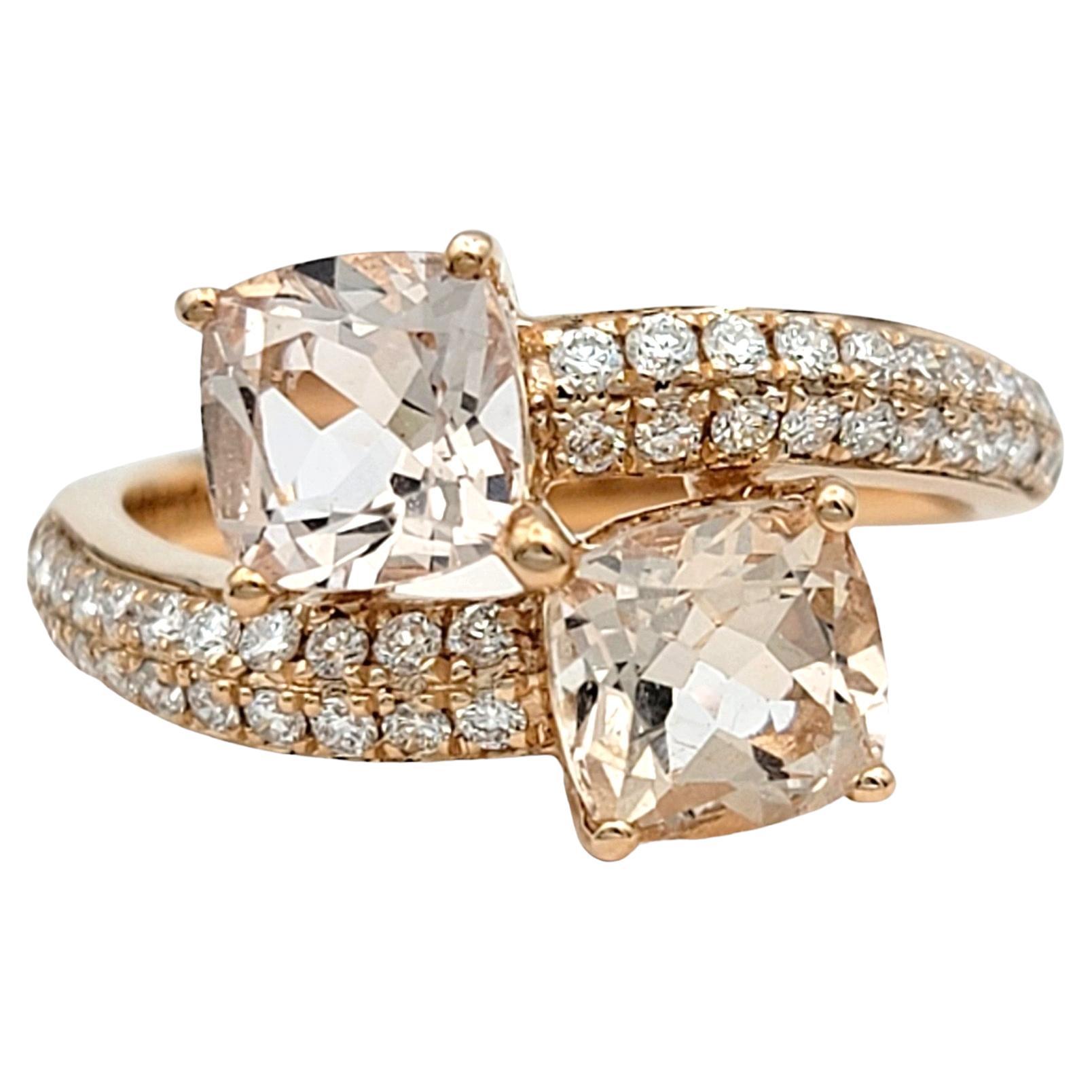 Square Cushion Morganite and Diamond Bypass Style Ring Set in 14 Karat Rose Gold For Sale