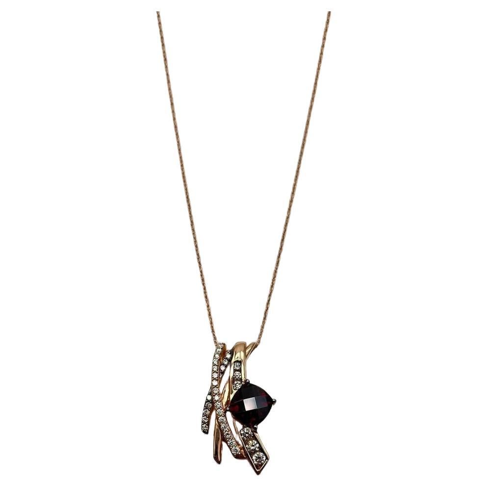 Square Cushion Red Garnet White Diamonds 14K Rose Gold Pendant Necklace