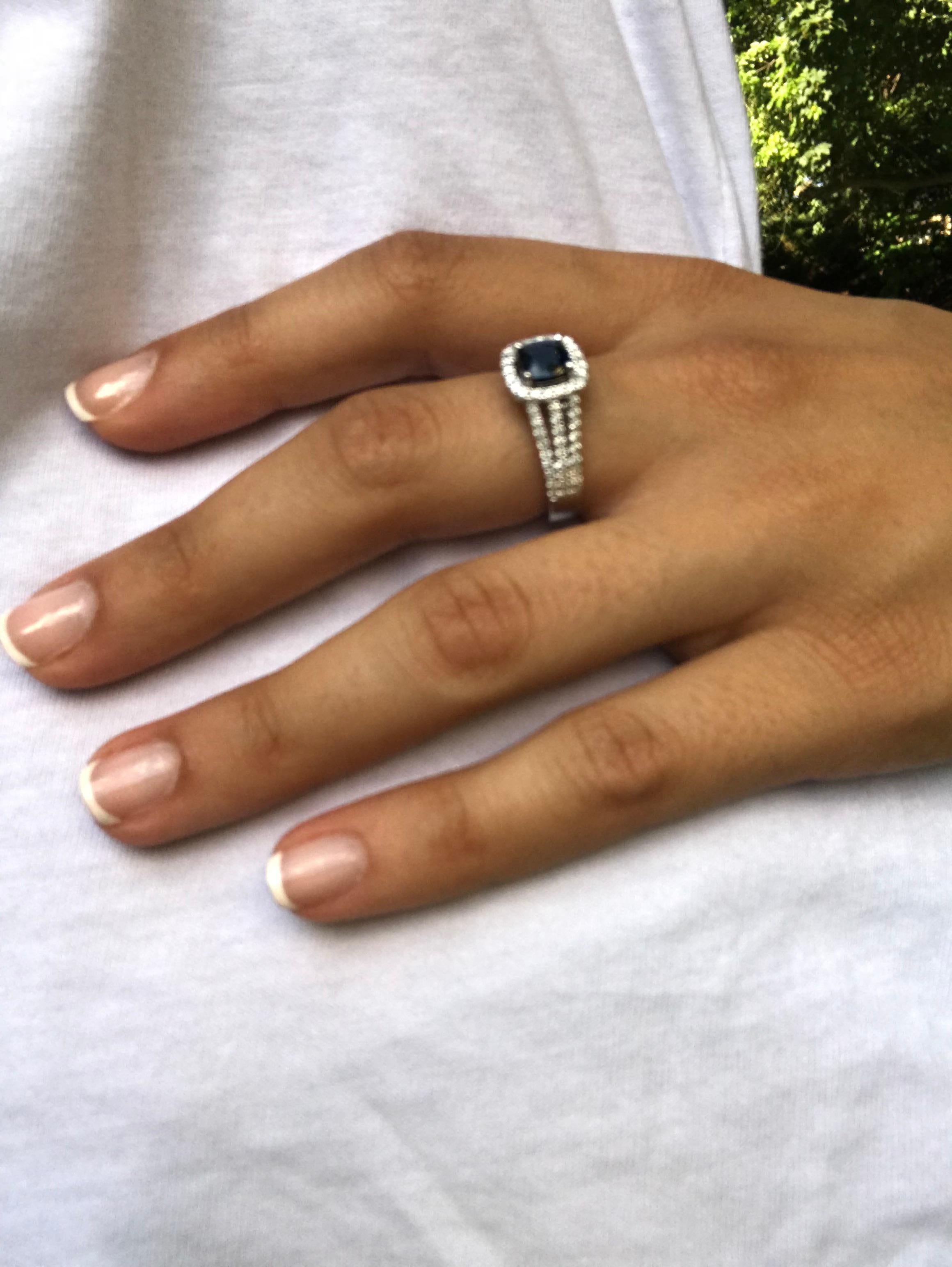The square / cushion sapphire in this ring has a total carat weight of 1.04 carats. The diamonds have a total carat weight of 0.53 carats.
All our Gemstones are genuine, and are sourced with the highest degree of integrity.