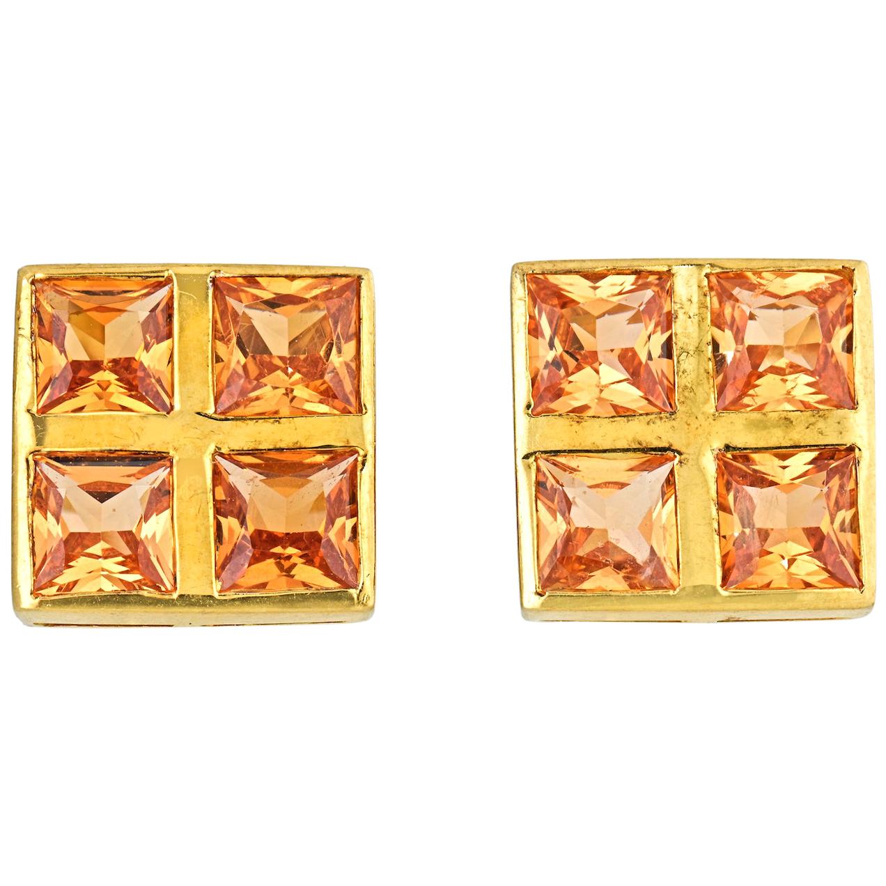 Square-Cut 18 Karat Yellow Gold Citrine Cufflinks