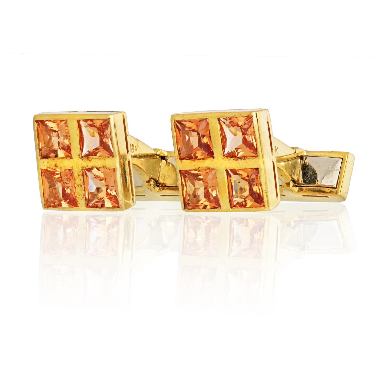 Boasting of square-cut Citrines embedded in precious 18k Yellow Gold each of these cufflinks will definitely speak volumes about your style and charisma! They have an orange amber color, are eye-clean and of brilliant-cut. 