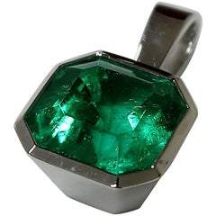 Square Cut, 4 Carat Colombian Emerald Pendant Set in 18 Karat White Gold