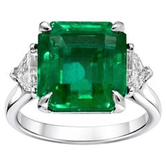 Square-Cut 7.02 Carat Emerald and Diamond Three-Stone Ring