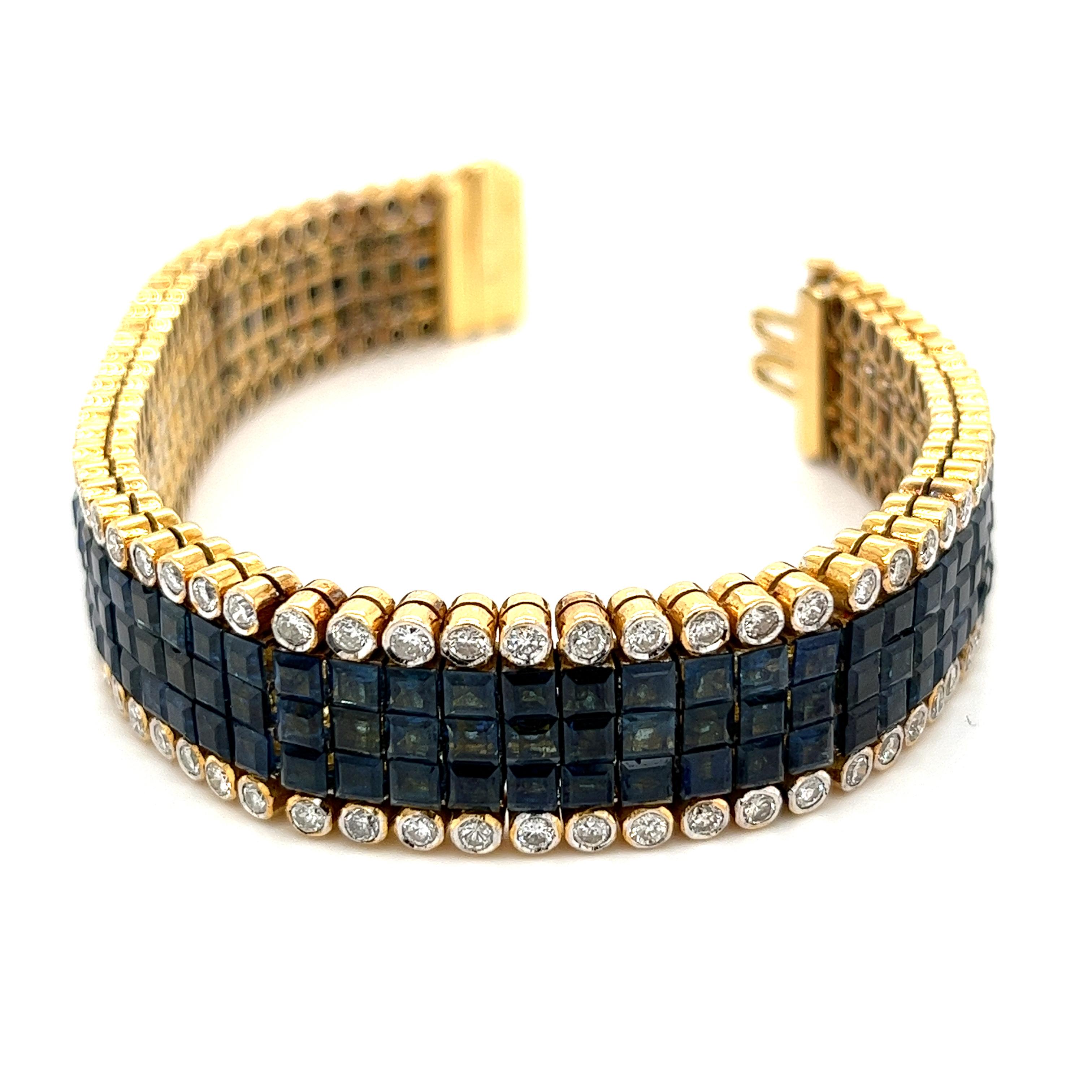 Handmade natural Blue Sapphire and Diamond tennis bracelet. Set in 18k solid gold, hypoallergenic, and a polished finish for long-lasting brilliance and shine. Bracelet is completed by a box clasp and underside safety latch to ensure a secure and