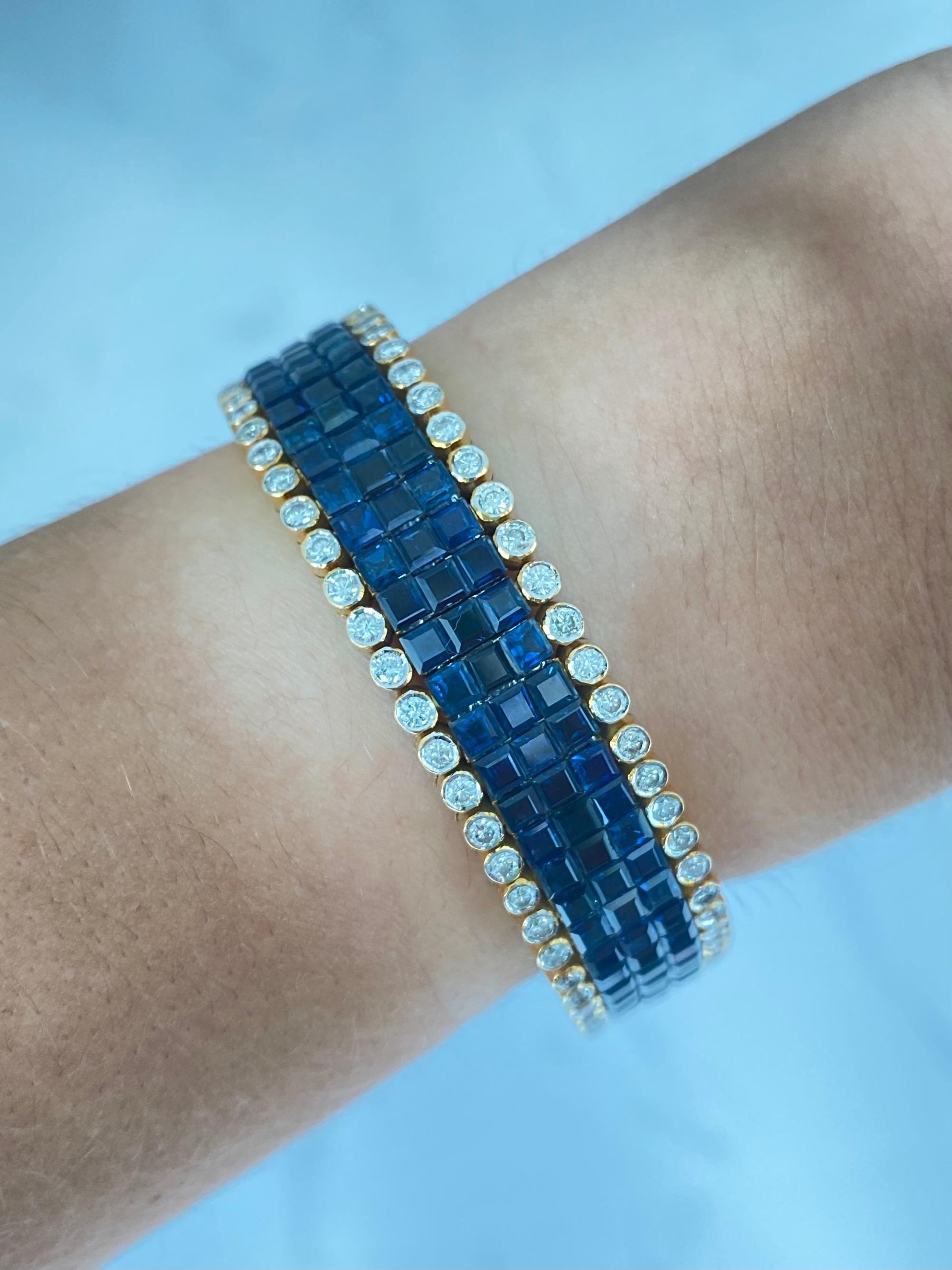 Art Deco Square Cut Blue Sapphire and Diamond Cluster Tennis Bracelet For Sale