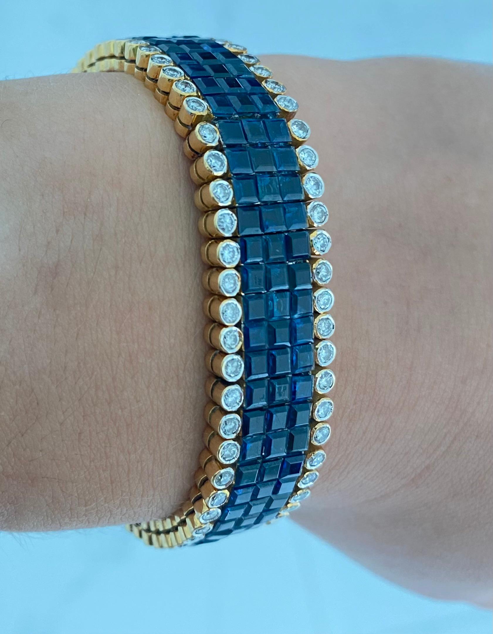 Square Cut Blue Sapphire and Diamond Cluster Tennis Bracelet In Excellent Condition For Sale In Miami, FL