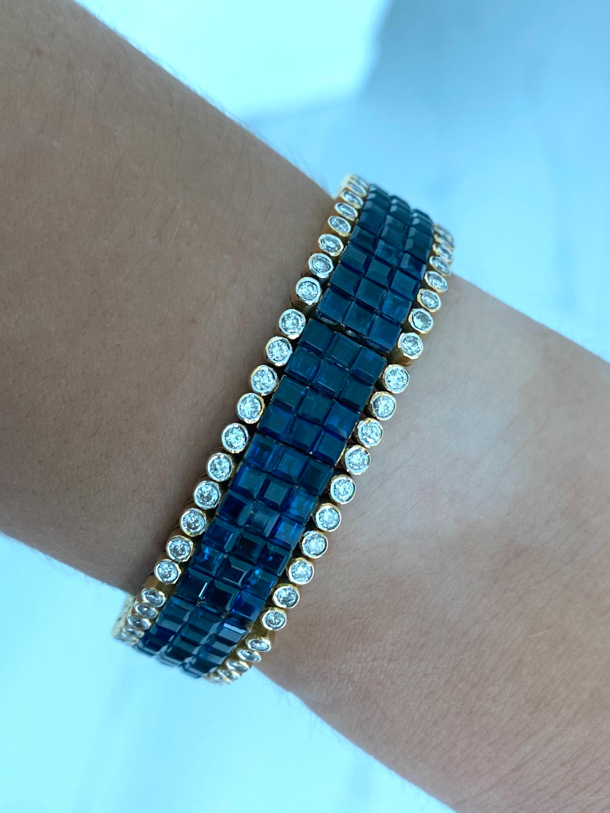 Square Cut Blue Sapphire and Diamond Cluster Tennis Bracelet In Excellent Condition For Sale In Miami, FL