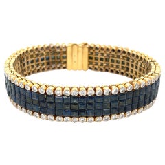 Vintage Square Cut Blue Sapphire and Diamond Cluster Tennis Bracelet