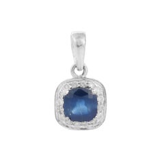 Dainty Square Cut Blue Sapphire and Diamond Pendant in 18K White Gold