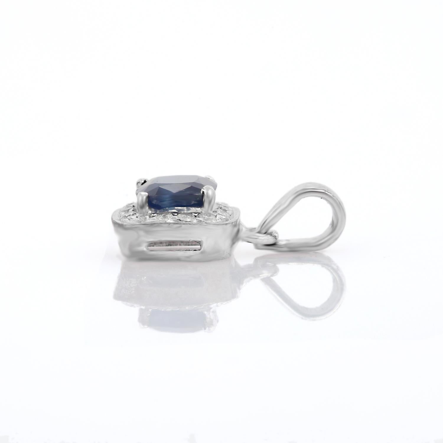 Modern Dainty Square Cut Blue Sapphire and Diamond Pendant in 18K White Gold For Sale
