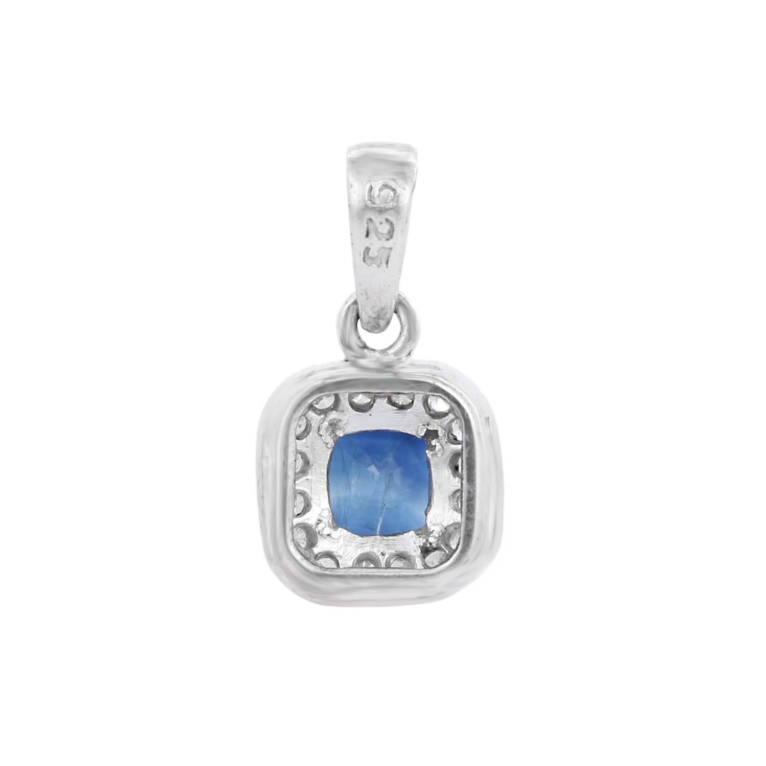 Octagon Cut Dainty Square Cut Blue Sapphire and Diamond Pendant in 18K White Gold For Sale