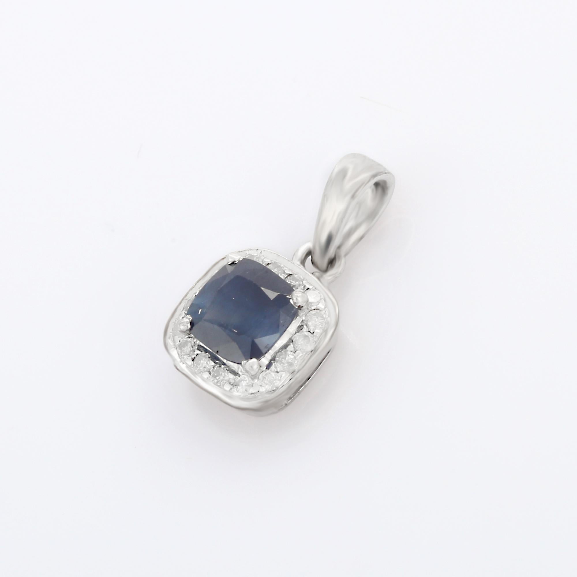 Dainty Square Cut Blue Sapphire and Diamond Pendant in 18K White Gold In New Condition For Sale In Houston, TX