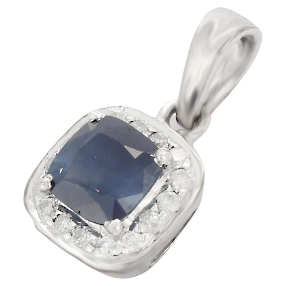 Dainty Square Cut Blue Sapphire and Diamond Pendant in 18K White Gold For Sale