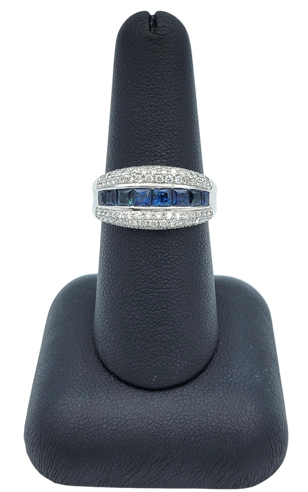 Square Cut Blue Sapphire and Diamond Multi-Row Band Ring in 14 Karat White Gold For Sale 5