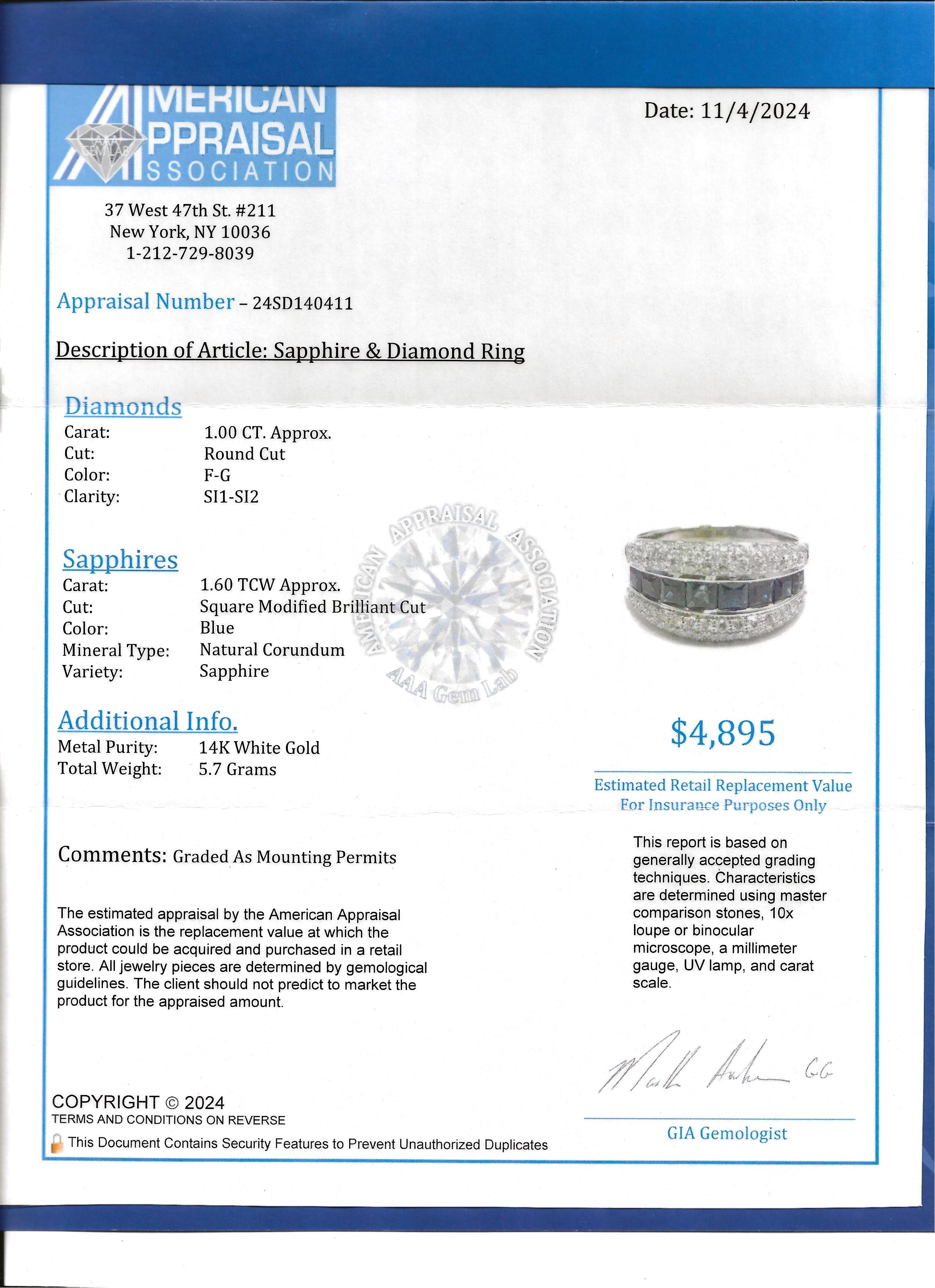 Square Cut Blue Sapphire and Diamond Multi-Row Band Ring in 14 Karat White Gold For Sale 7