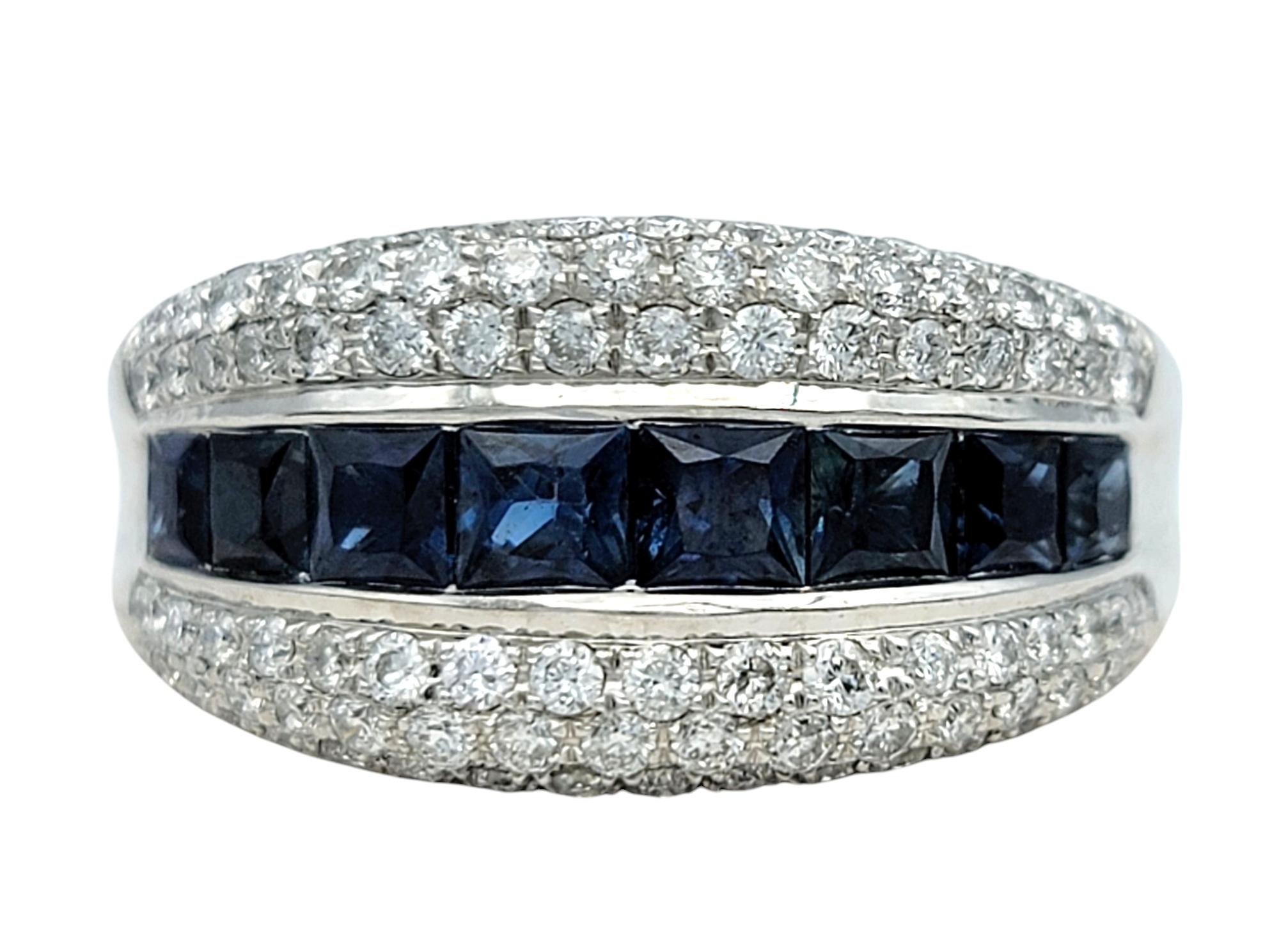 Contemporary Square Cut Blue Sapphire and Diamond Multi-Row Band Ring in 14 Karat White Gold For Sale