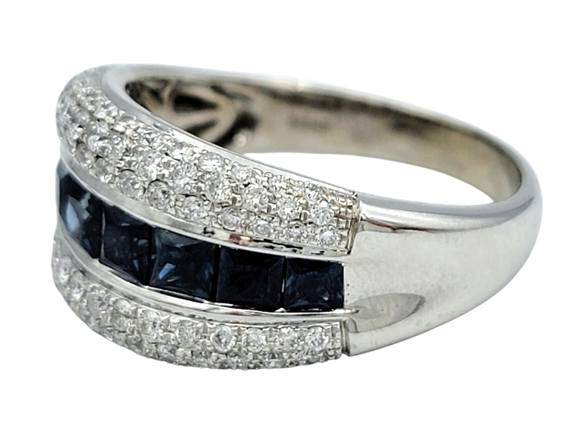 Square Cut Blue Sapphire and Diamond Multi-Row Band Ring in 14 Karat White Gold In Good Condition For Sale In Scottsdale, AZ