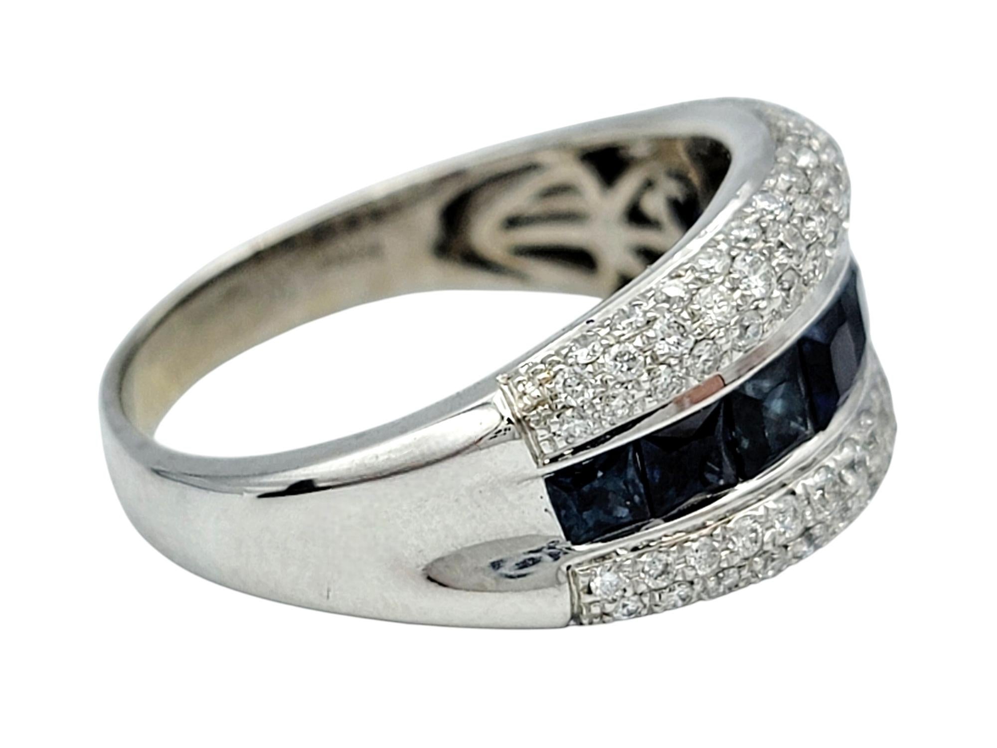 Women's Square Cut Blue Sapphire and Diamond Multi-Row Band Ring in 14 Karat White Gold For Sale