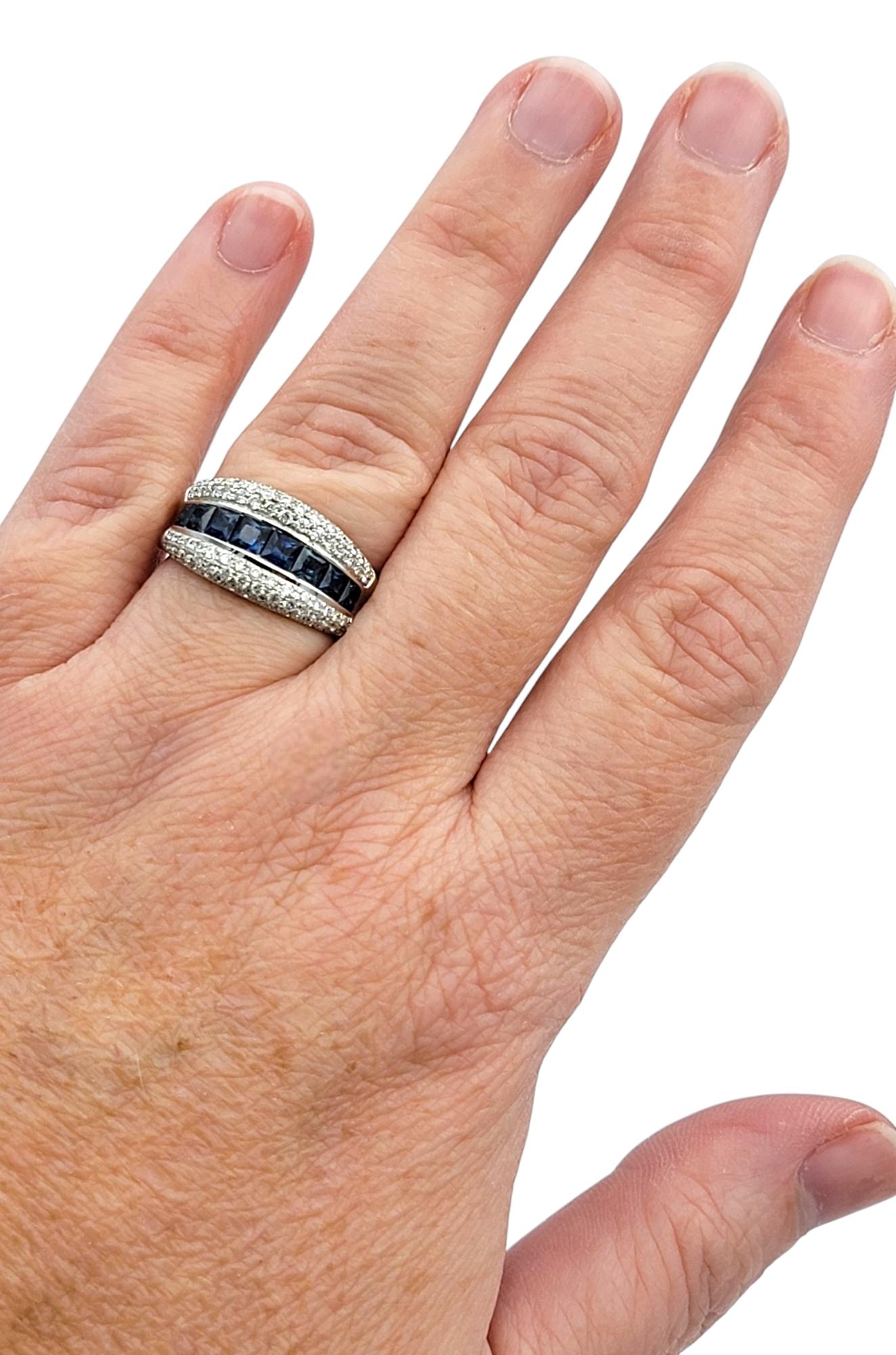 Square Cut Blue Sapphire and Diamond Multi-Row Band Ring in 14 Karat White Gold For Sale 3