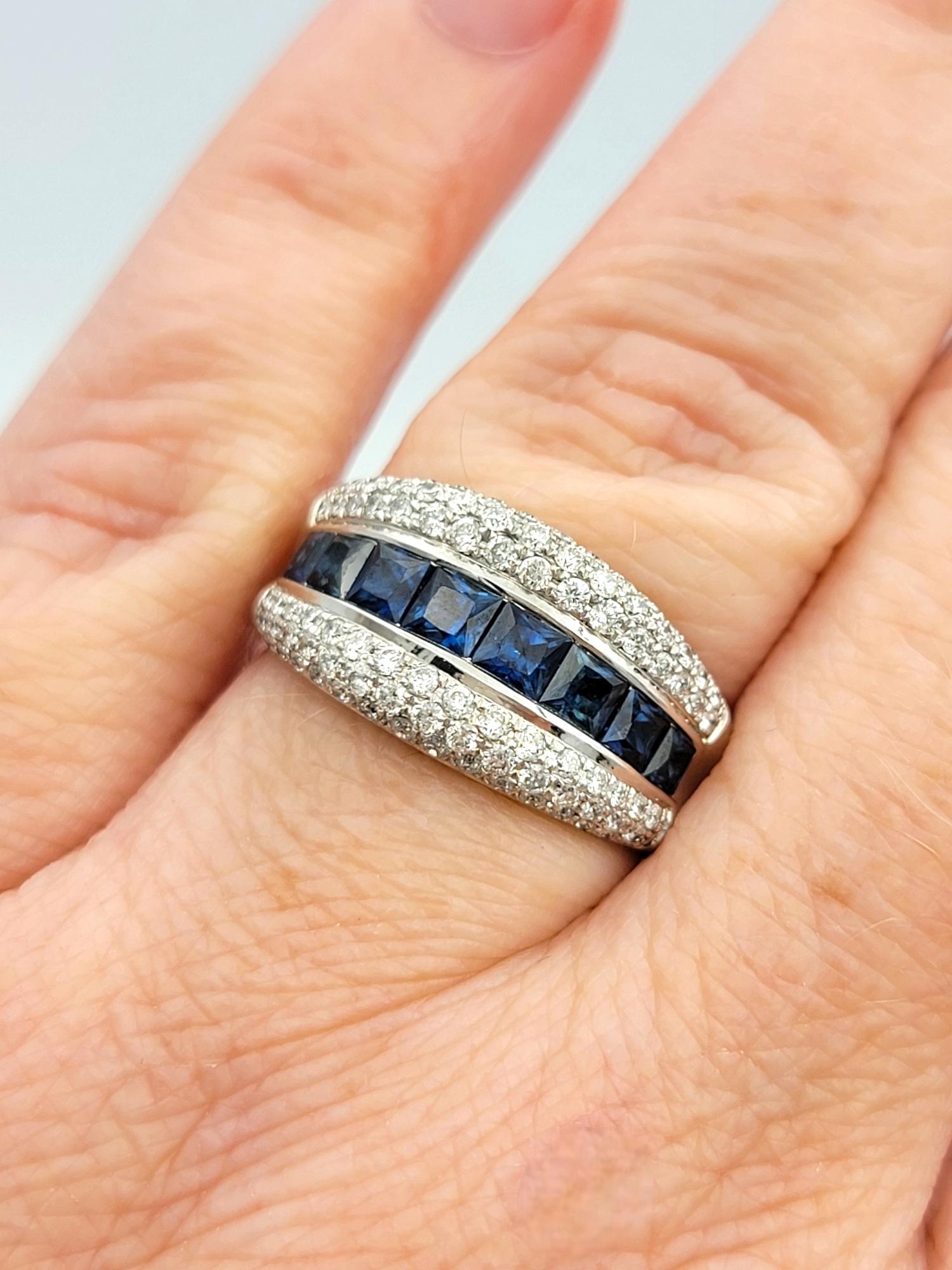 Square Cut Blue Sapphire and Diamond Multi-Row Band Ring in 14 Karat White Gold For Sale 4