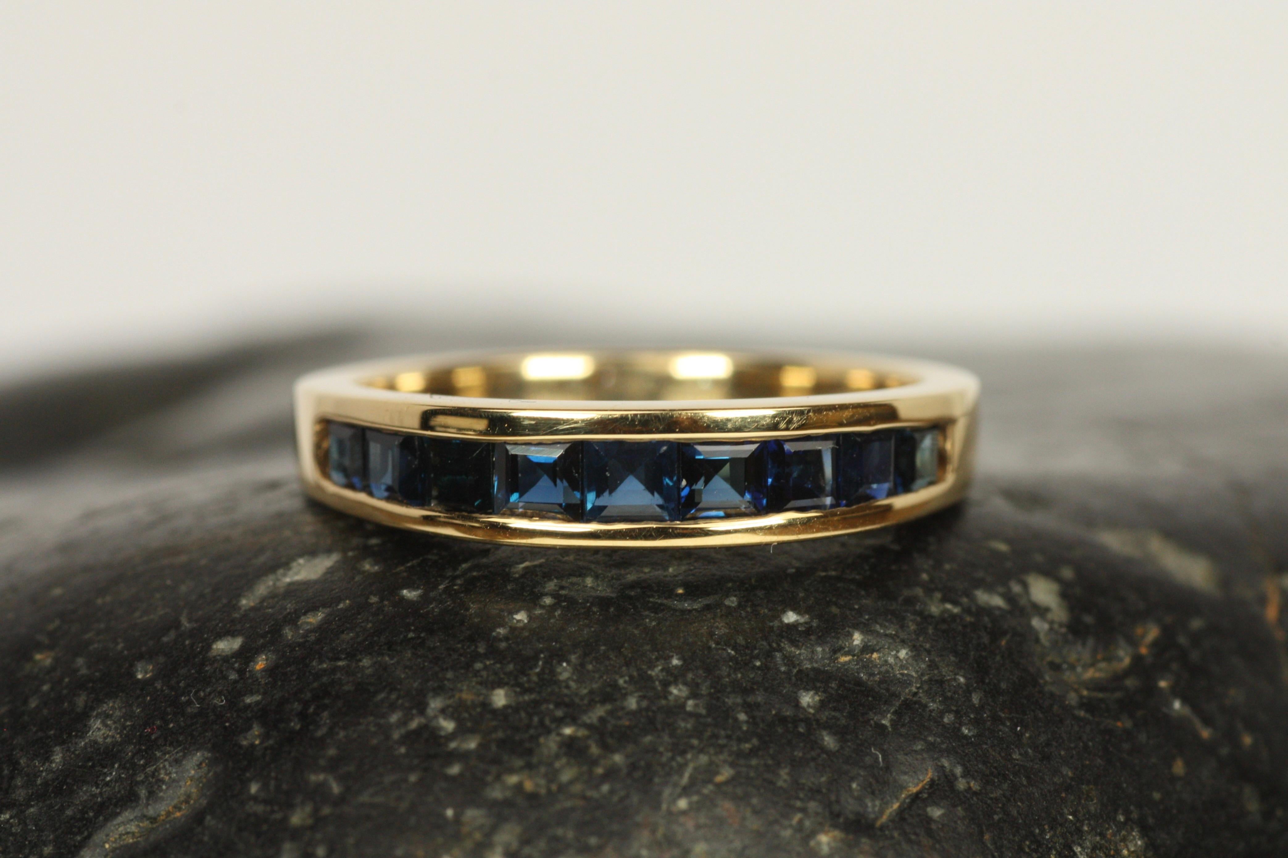 Women's Square Cut Blue Sapphire Channel Set Gold Wedding Band For Sale