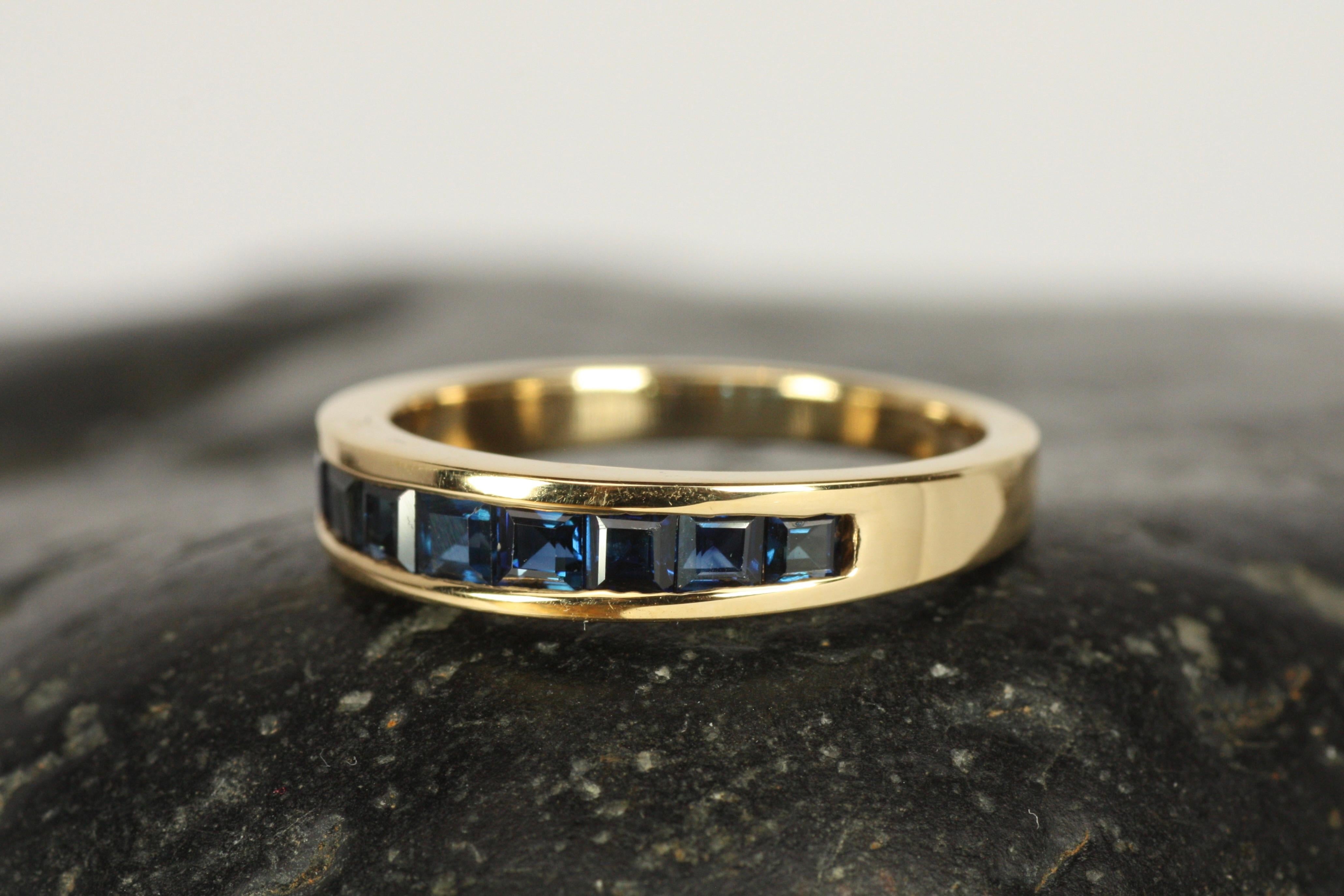 Square Cut Blue Sapphire Channel Set Gold Wedding Band For Sale 1