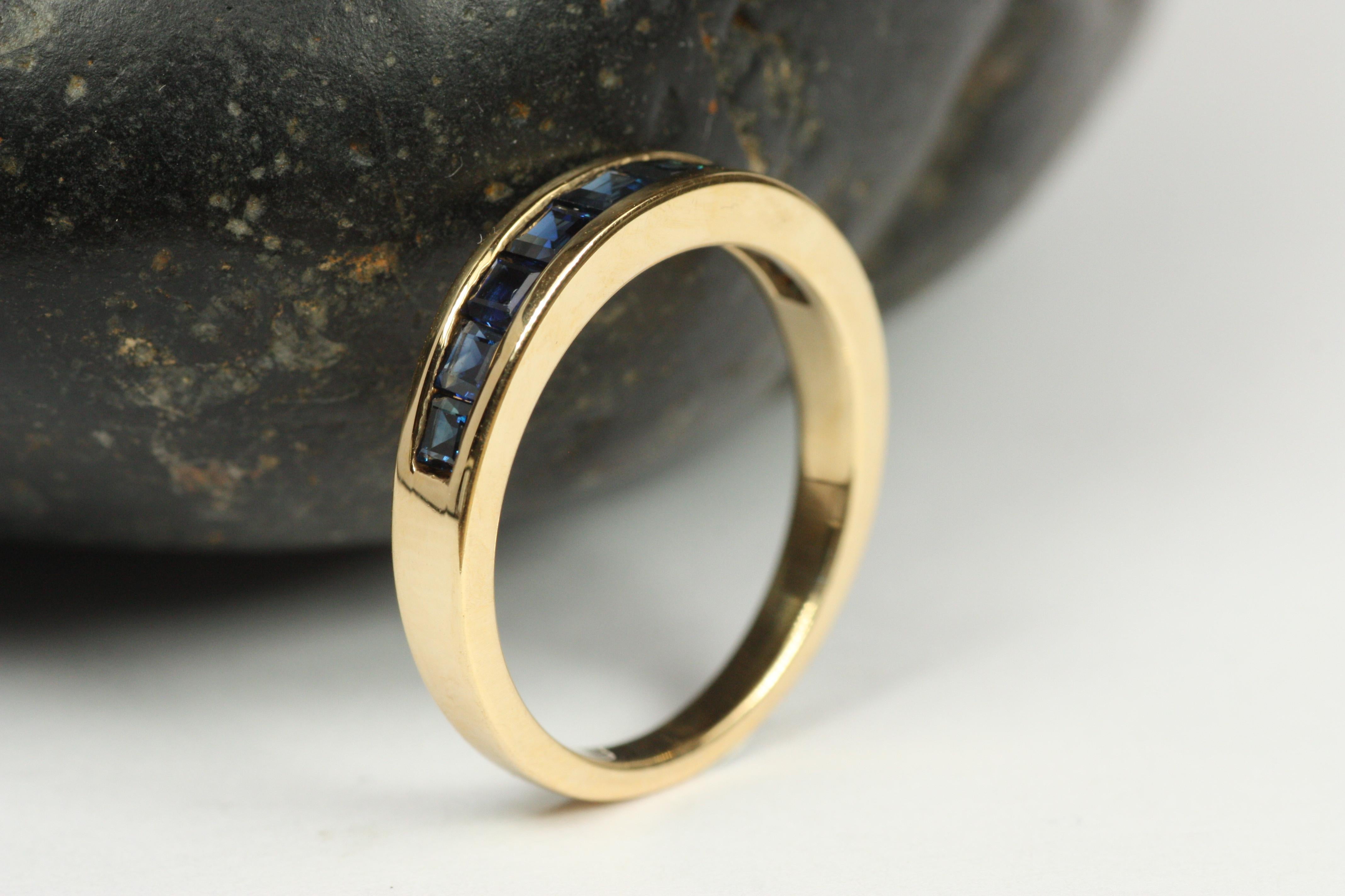 Square Cut Blue Sapphire Channel Set Gold Wedding Band For Sale 2