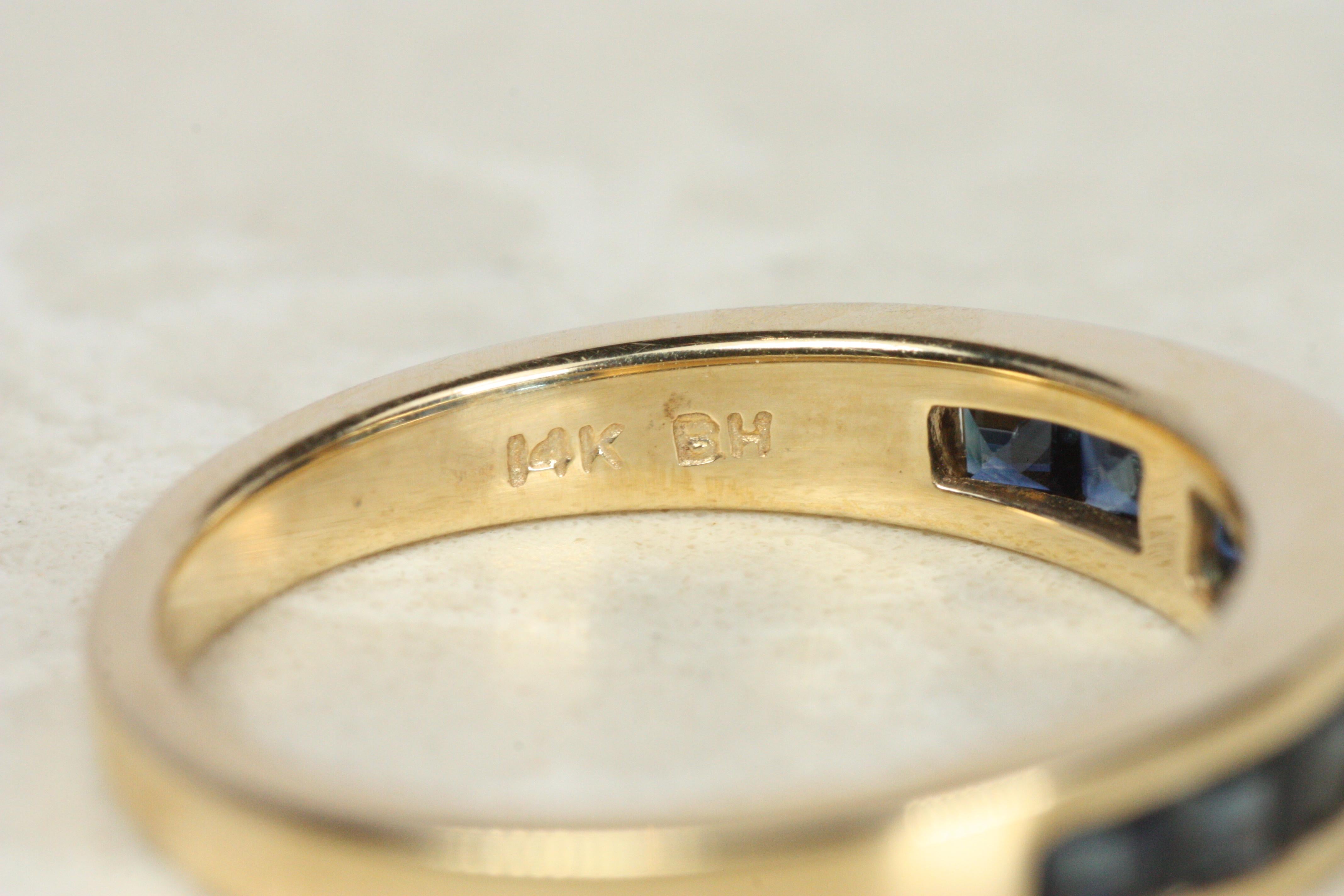 Square Cut Blue Sapphire Channel Set Gold Wedding Band For Sale 4