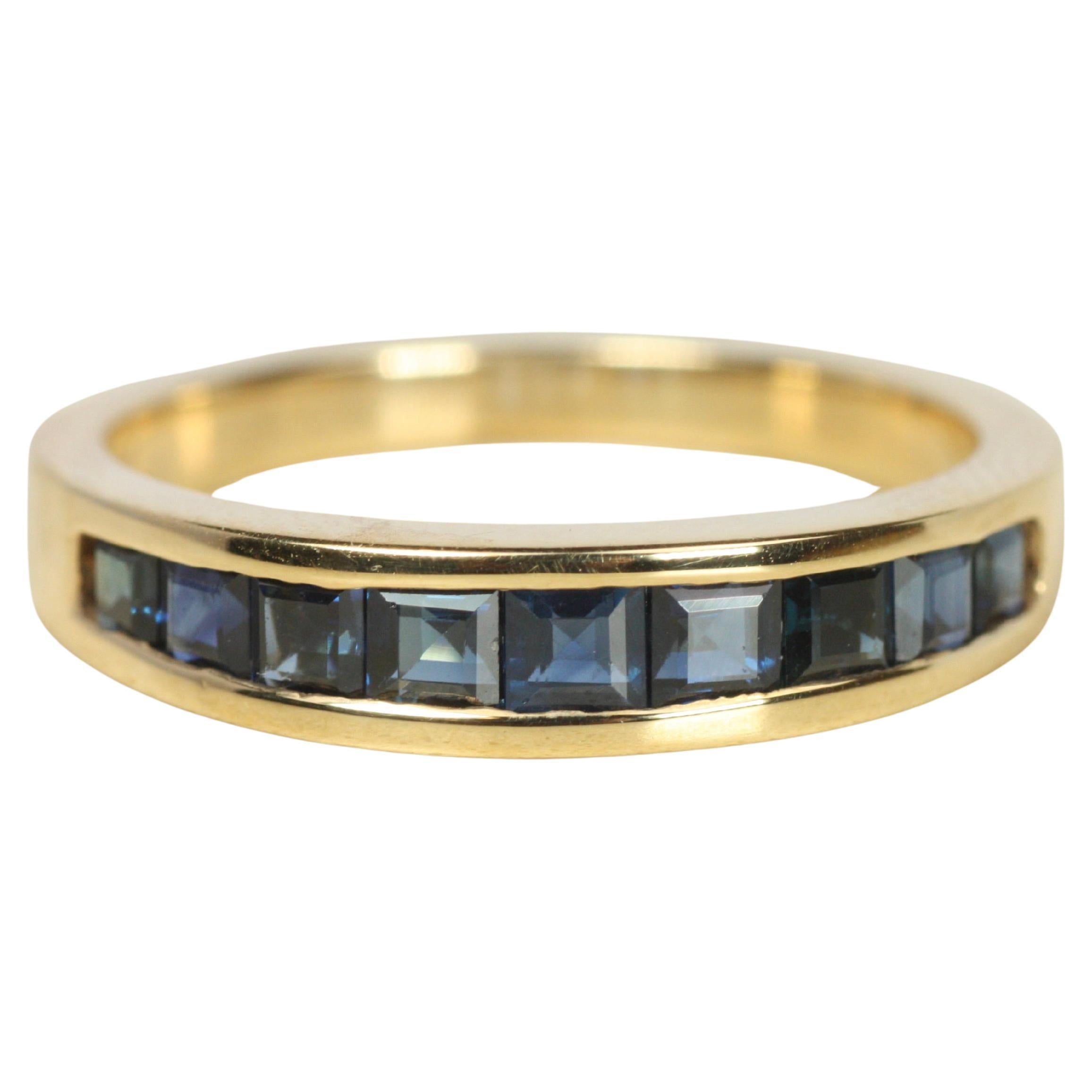 Square Cut Blue Sapphire Channel Set Gold Wedding Band For Sale