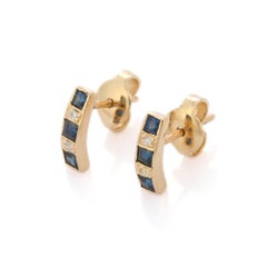 Square Cut Blue Sapphire Long Bar Stud Earrings in 14K Yellow Gold with Diamonds
