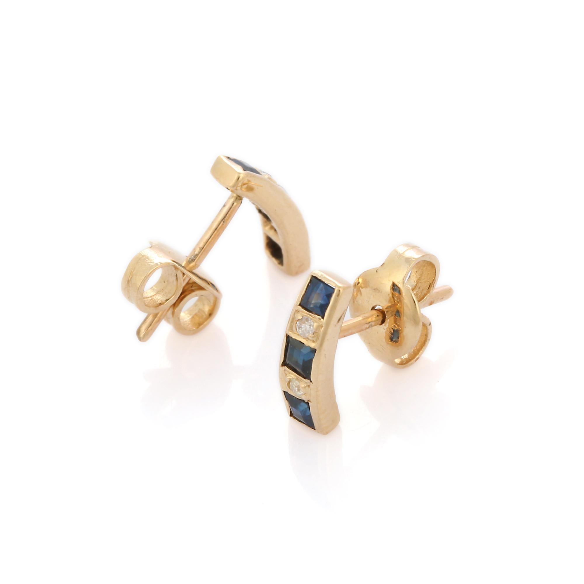 Modernist Square Cut Blue Sapphire Long Bar Stud Earrings in 14K Yellow Gold with Diamonds