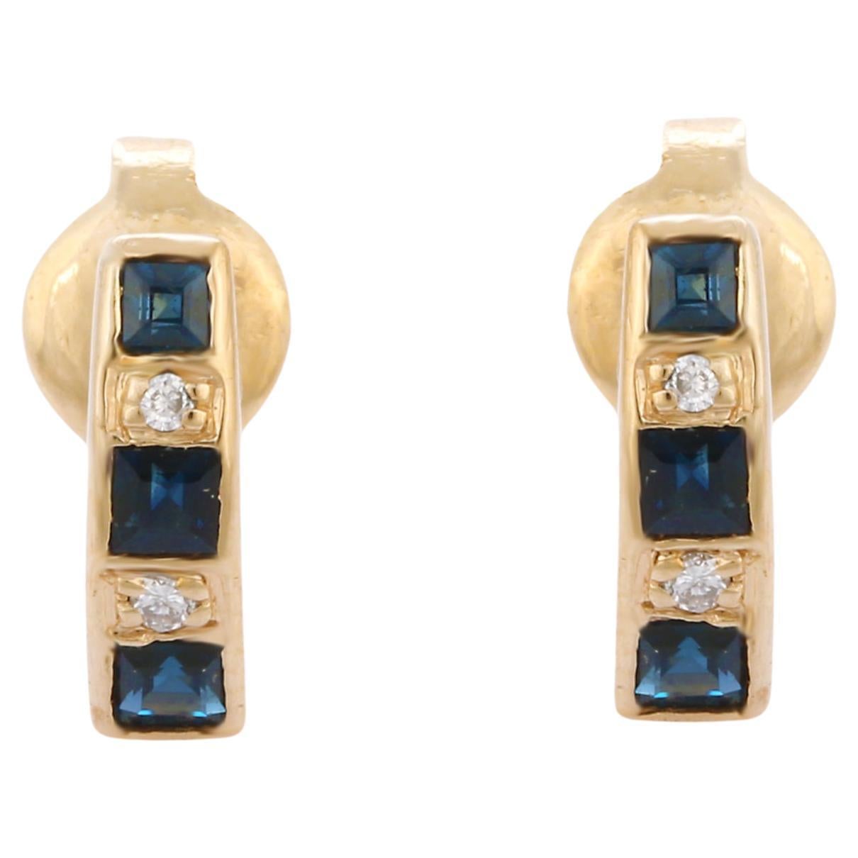 Square Cut Blue Sapphire Long Bar Stud Earrings in 14K Yellow Gold with Diamonds For Sale