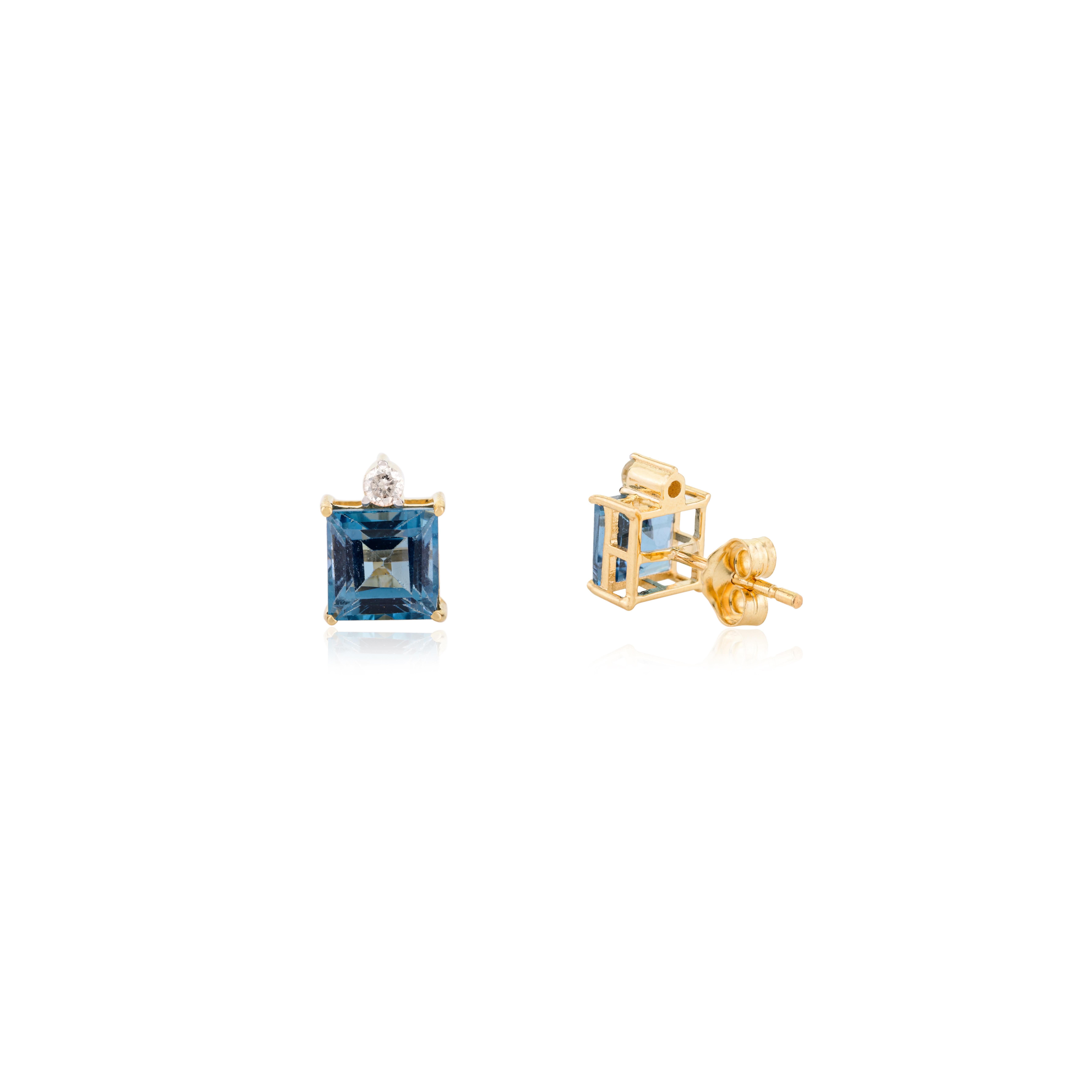 Pendants d'oreilles en or jaune massif 18 carats sertis de diamants et de topaze bleue de taille carrée en vente 5