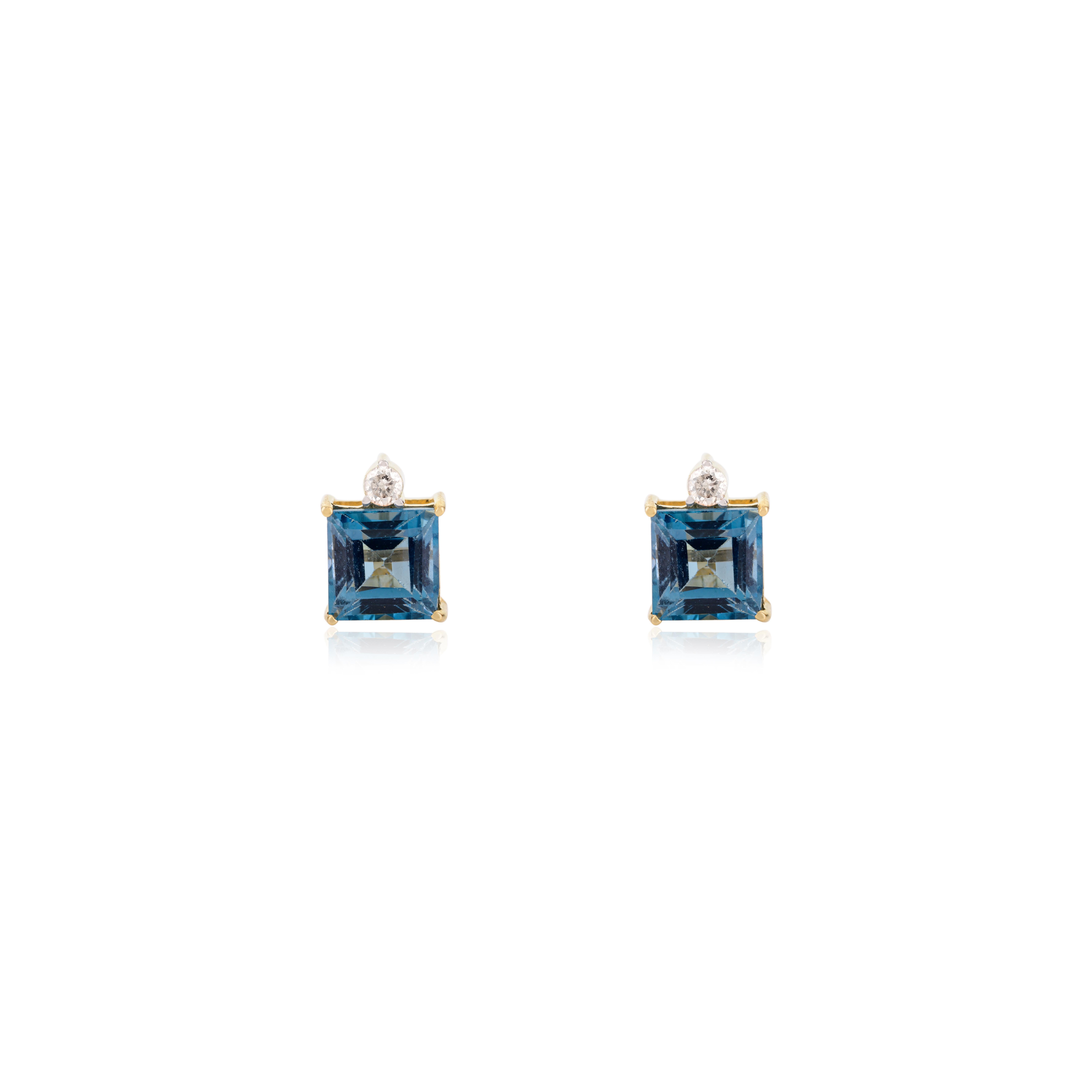 Pendants d'oreilles en or jaune massif 18 carats sertis de diamants et de topaze bleue de taille carrée en vente 6