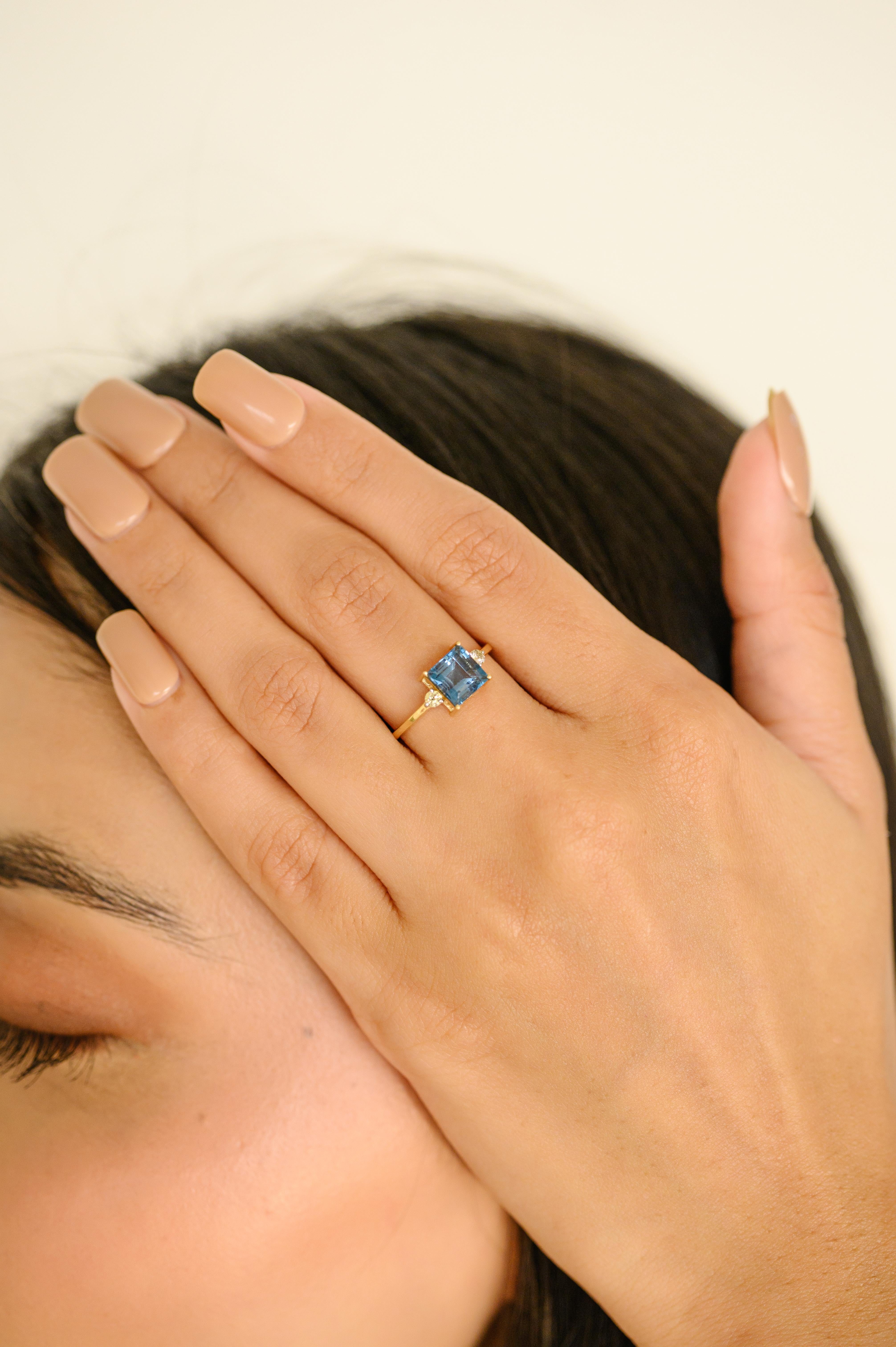Pendants d'oreilles en or jaune massif 18 carats sertis de diamants et de topaze bleue de taille carrée en vente 7