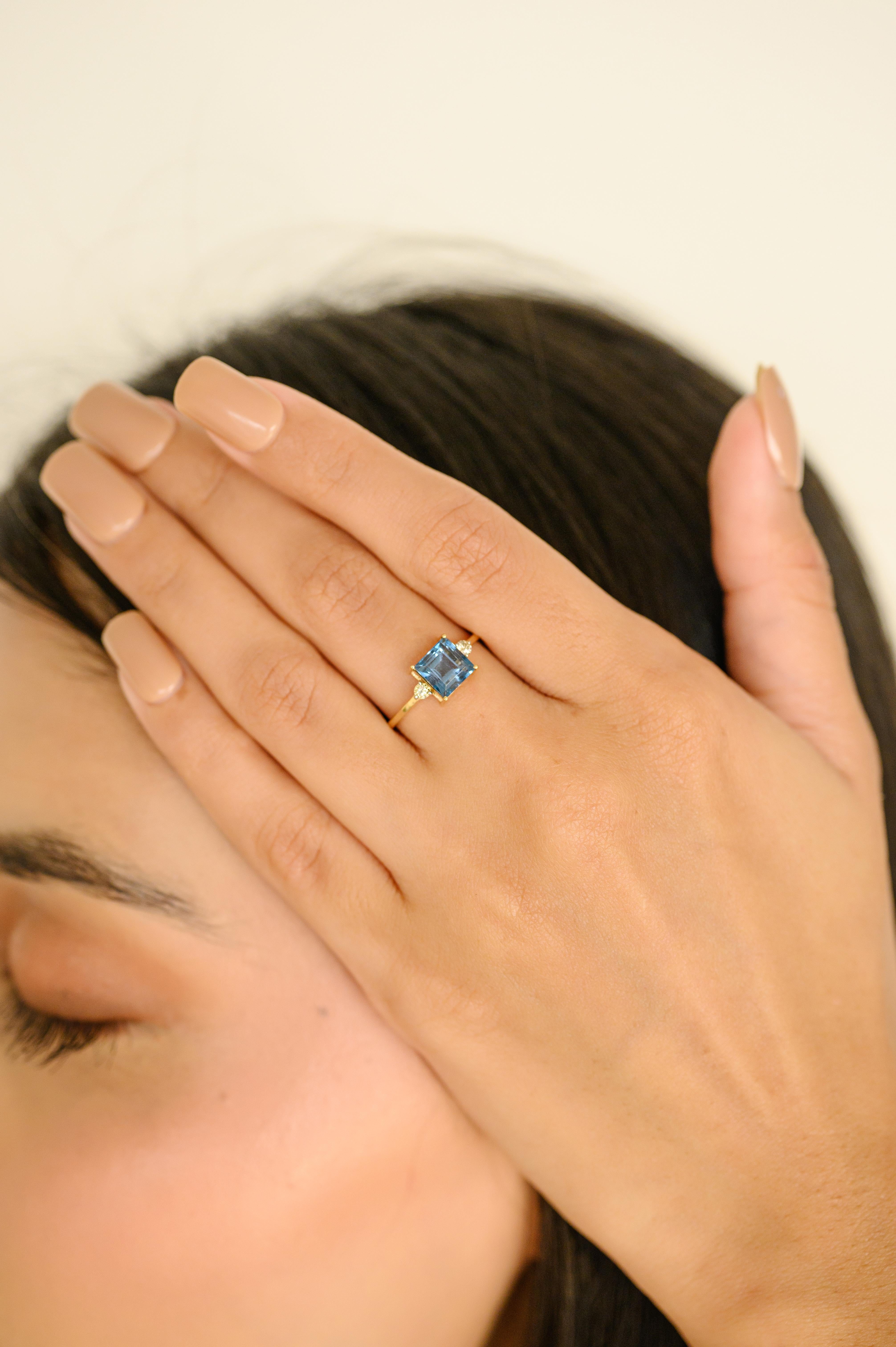 Pendants d'oreilles en or jaune massif 18 carats sertis de diamants et de topaze bleue de taille carrée en vente 9