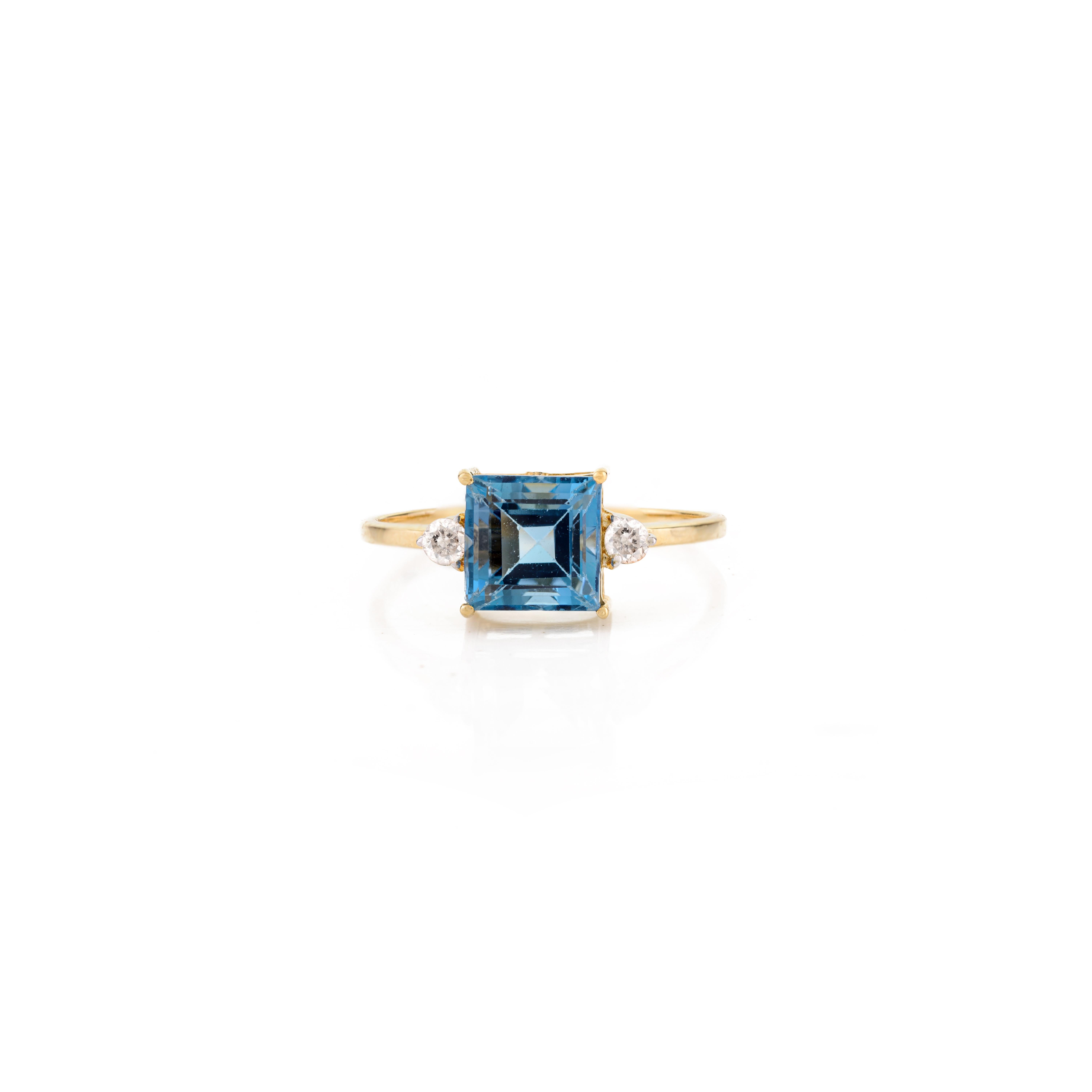 Pendants d'oreilles en or jaune massif 18 carats sertis de diamants et de topaze bleue de taille carrée en vente 10