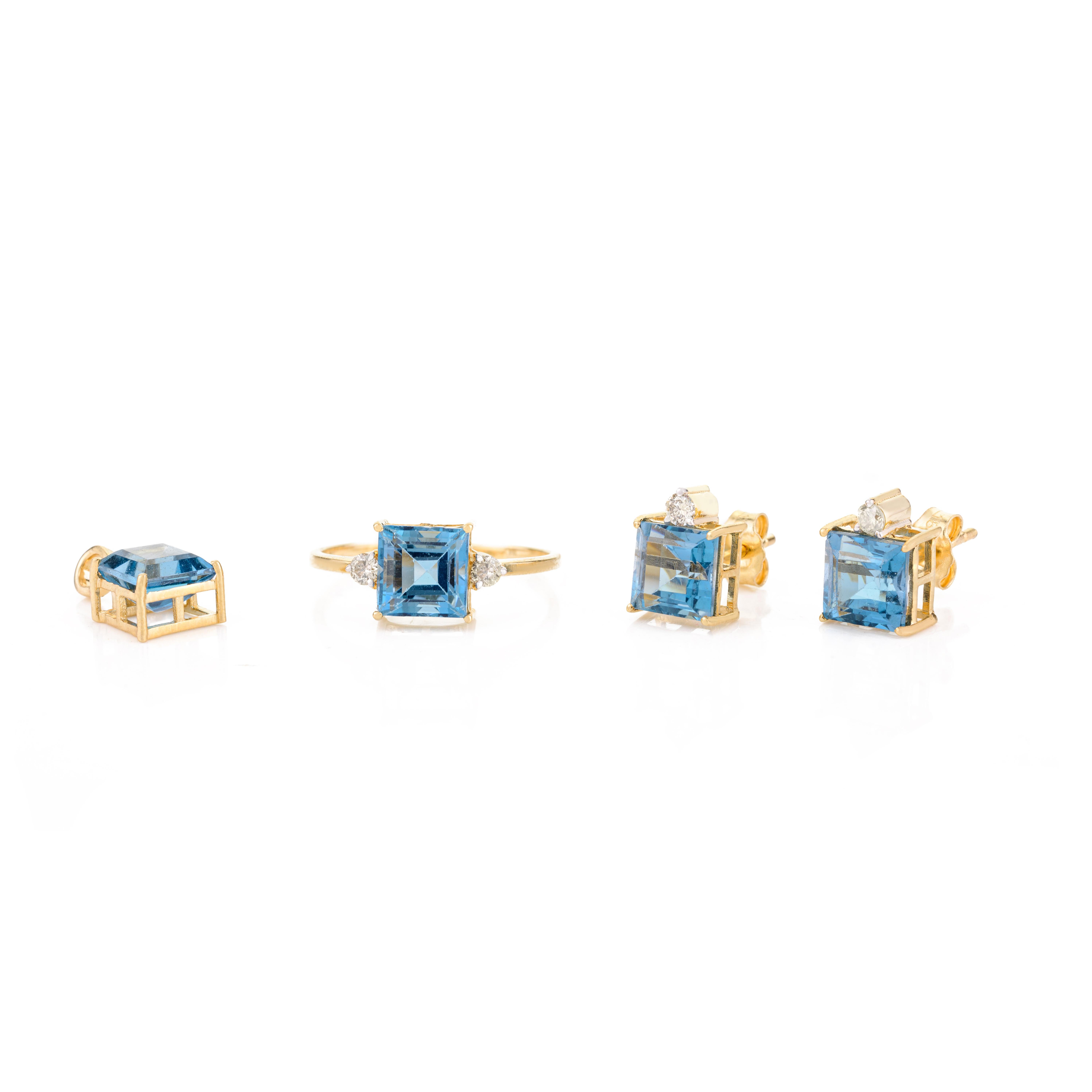 Art déco Pendants d'oreilles en or jaune massif 18 carats sertis de diamants et de topaze bleue de taille carrée en vente