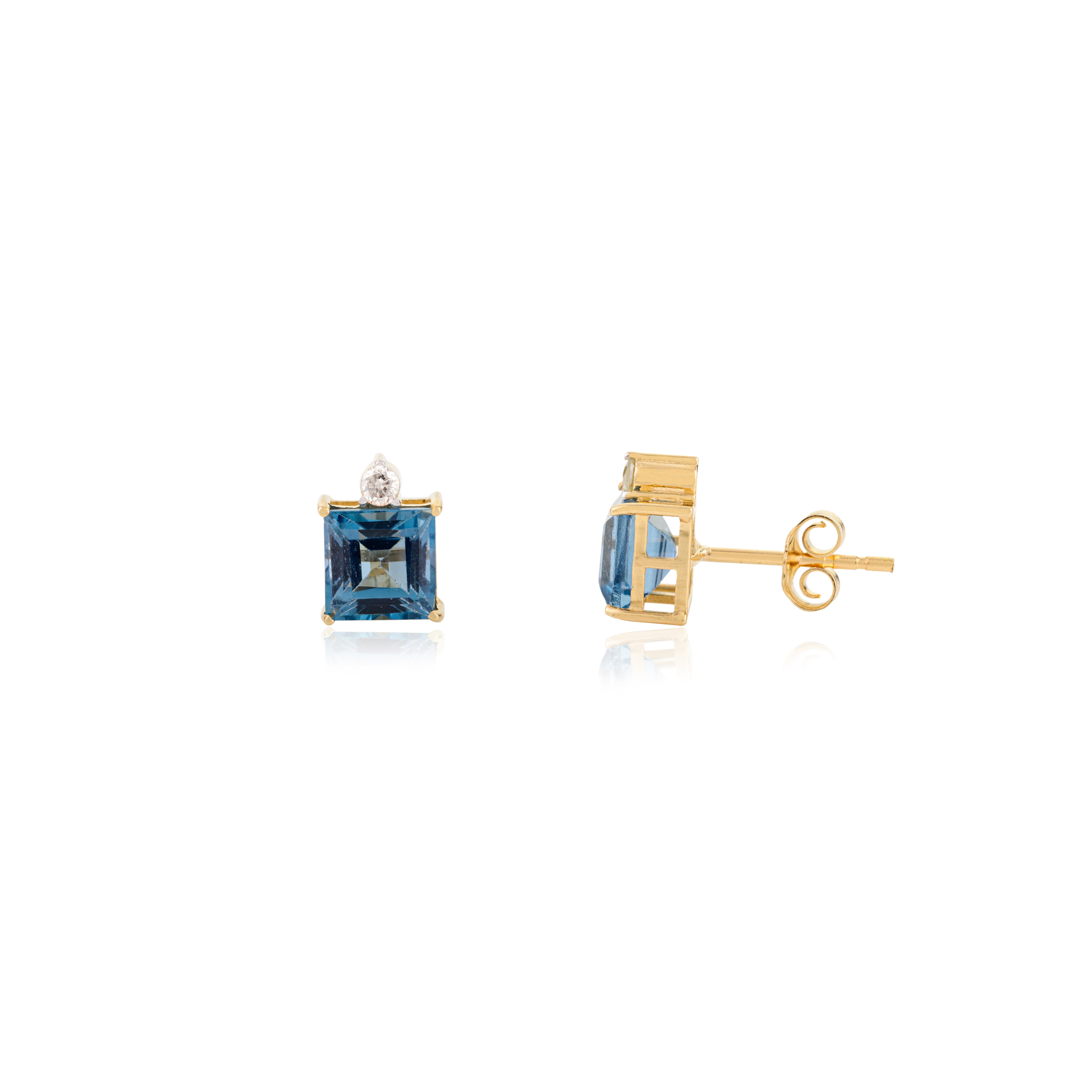 Pendants d'oreilles en or jaune massif 18 carats sertis de diamants et de topaze bleue de taille carrée en vente 3