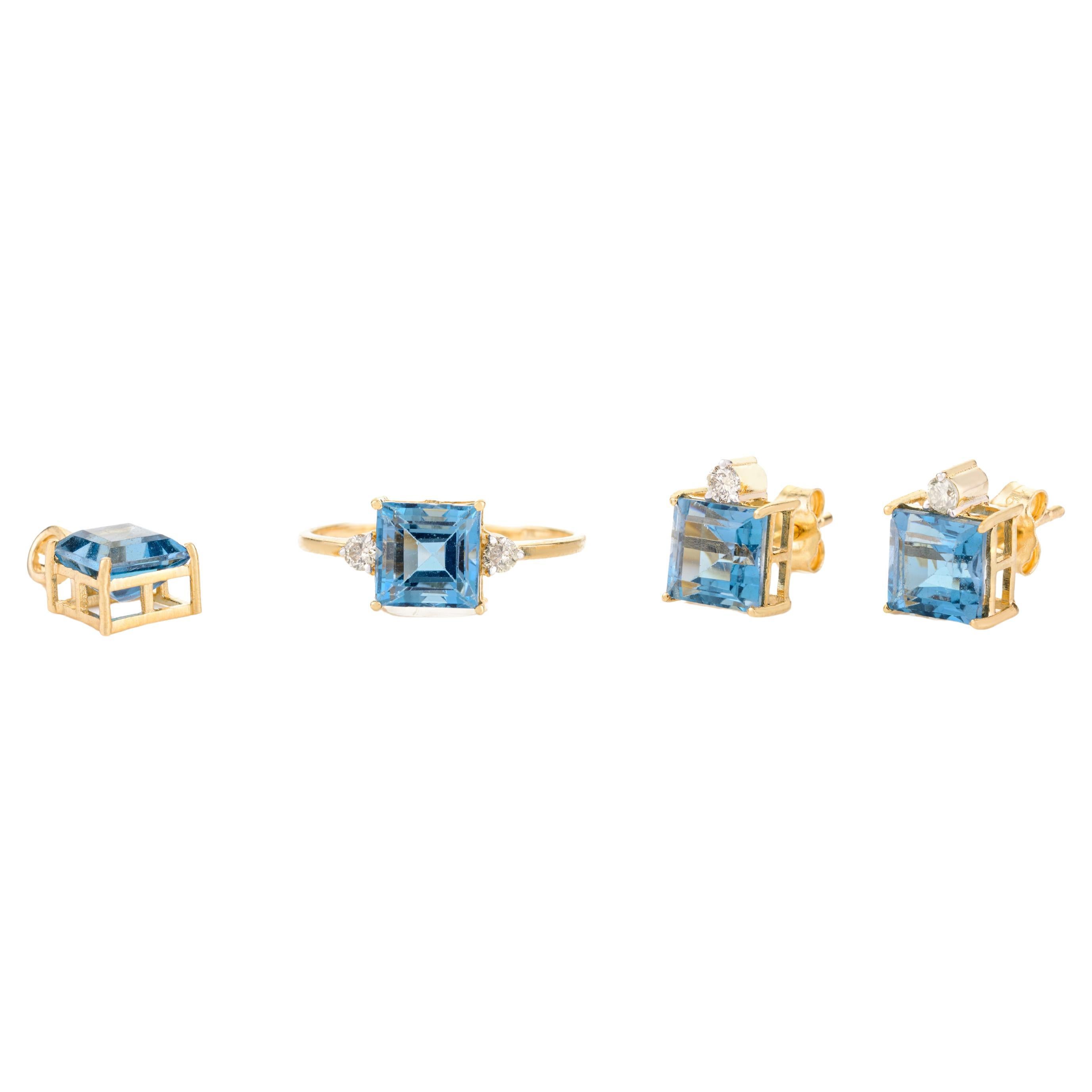 Square Cut Blue Topaz Diamond Pendant Ring Earrings Set in 18k Solid Yellow Gold