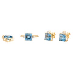 Anello pendente con diamante Topazio Blu taglio quadrato e orecchini in oro giallo massiccio 18 carati