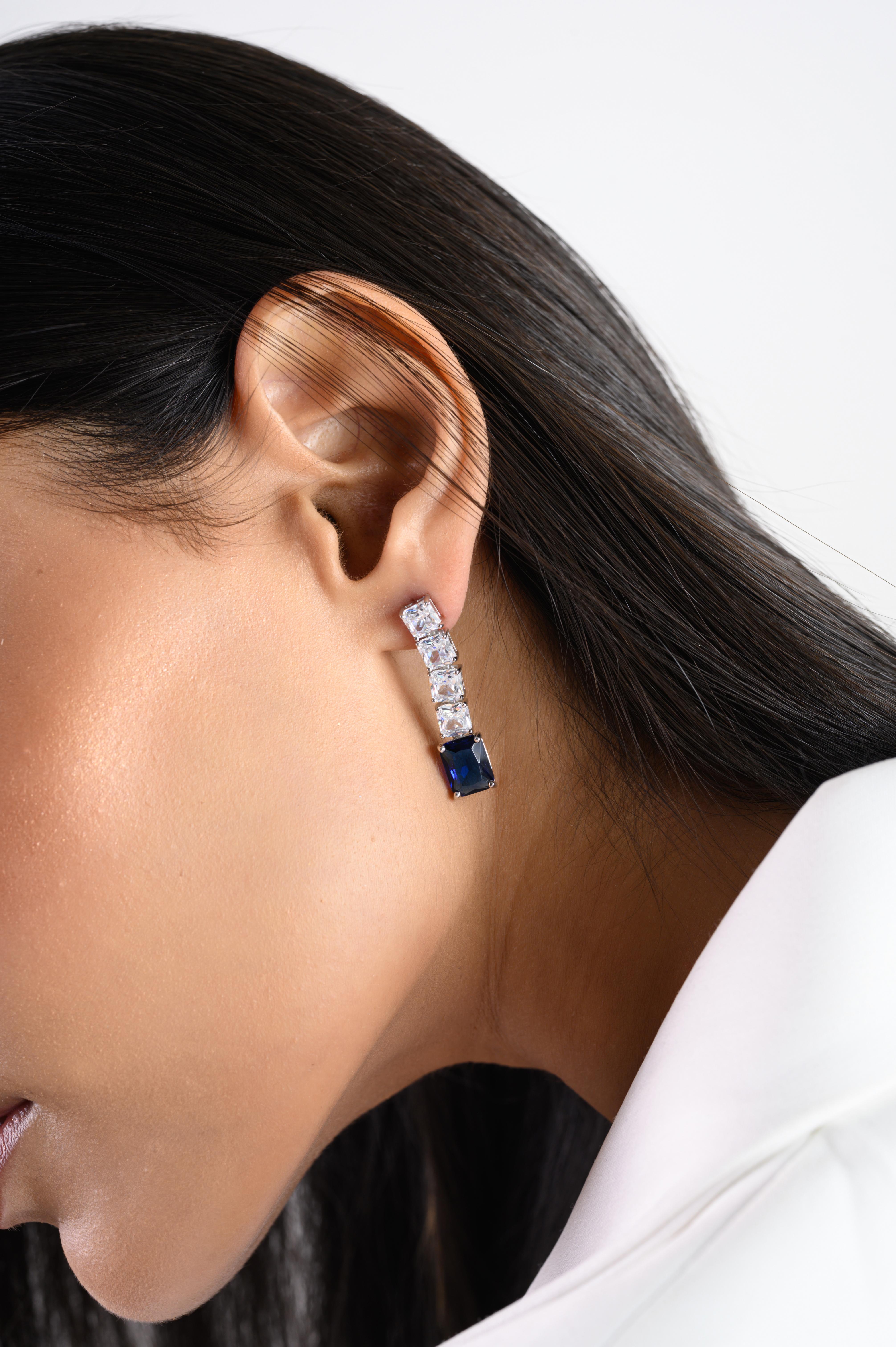 Square Cut Blue Zirconia Linear Drop Earrings Gift for Her Made in 925 Silver For Sale 1