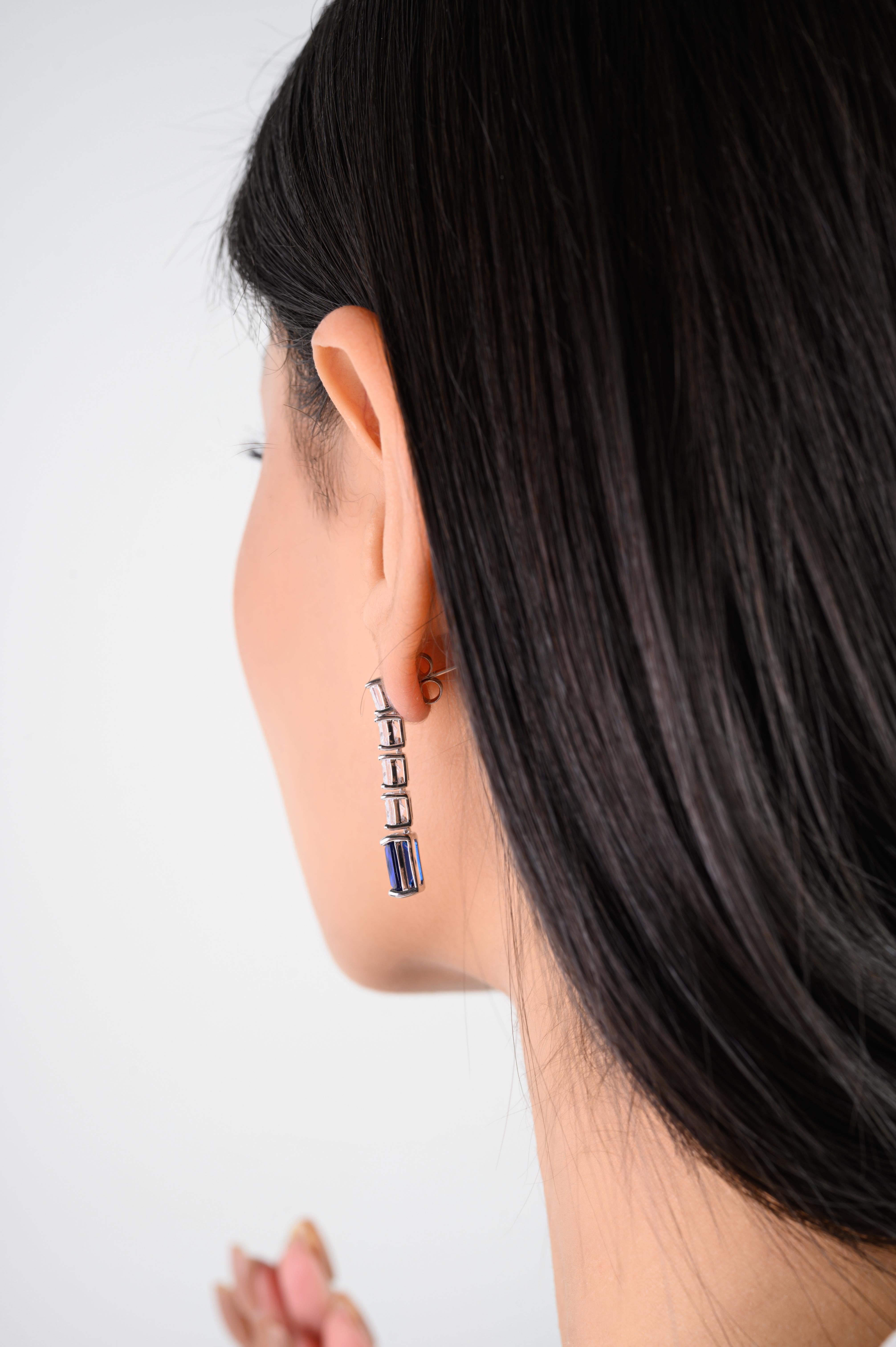 Square Cut Blue Zirconia Linear Drop Earrings Gift for Her Made in 925 Silver For Sale 2