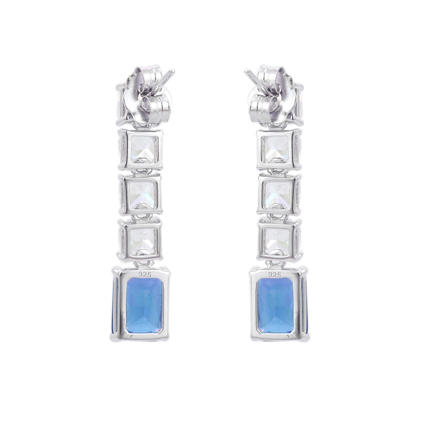 Square Cut Blue Zirconia Linear Drop Earrings Gift for Her Made in 925 Silver For Sale 3